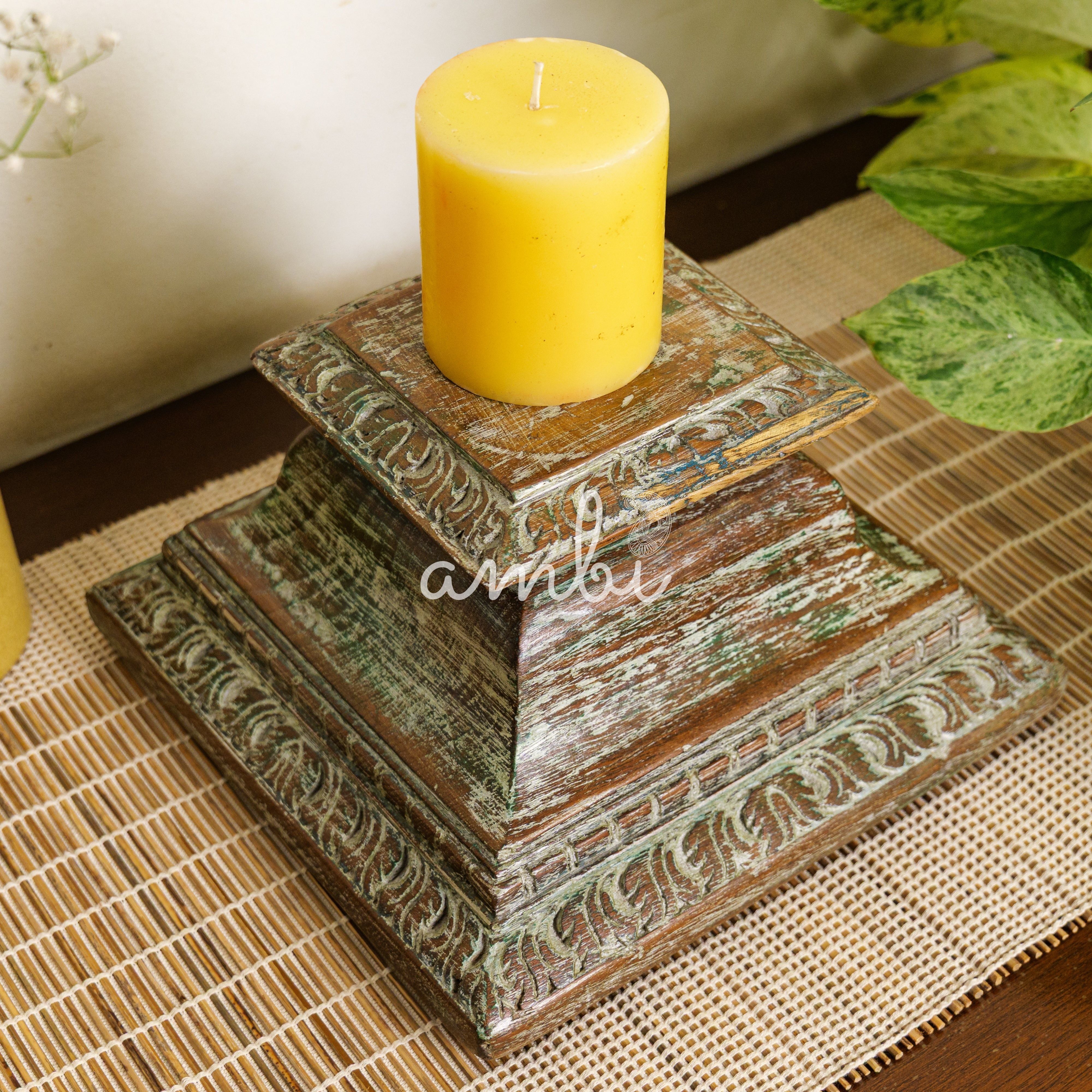 Vintage Candle Stand - Pillar Base - Rectangular Carved