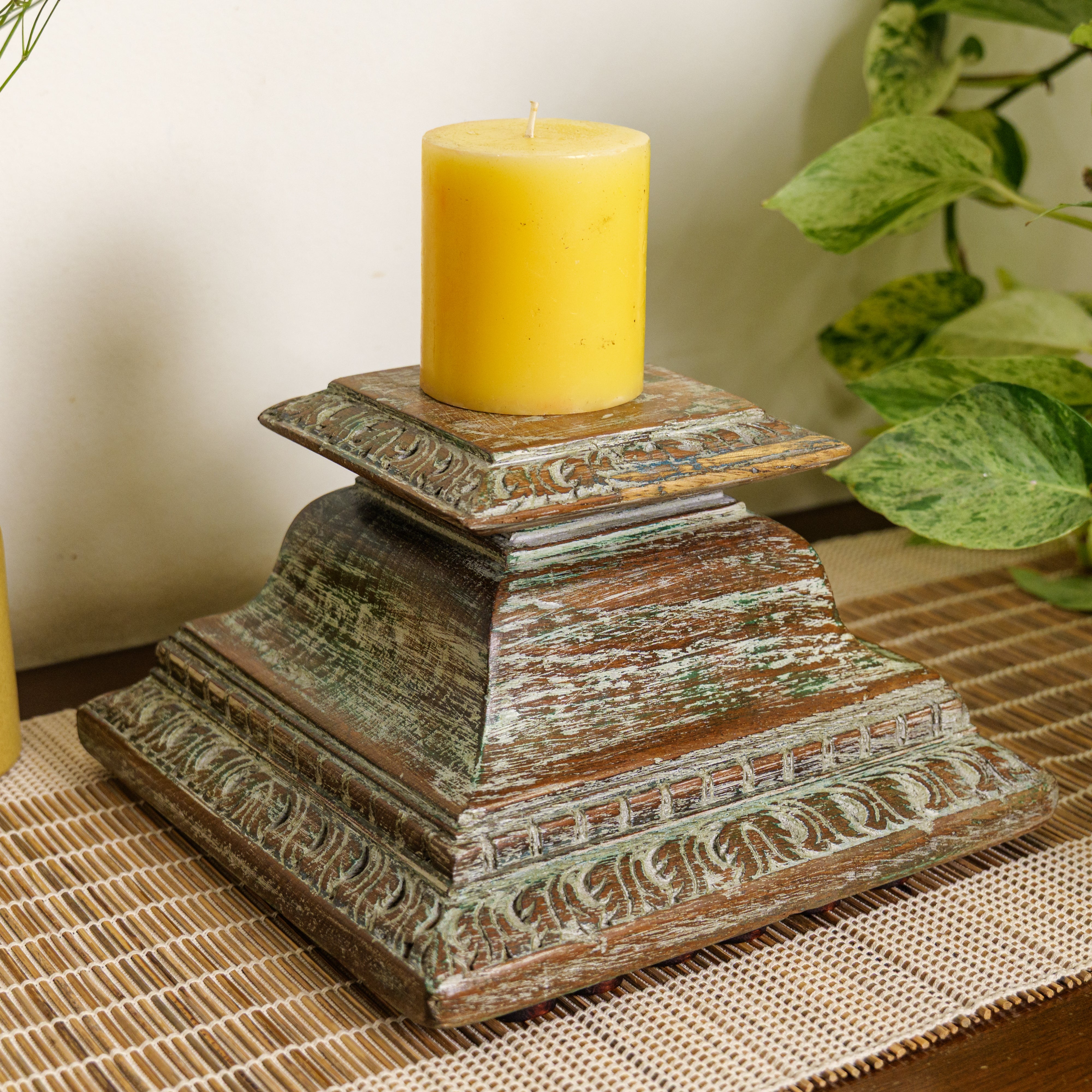 Vintage Candle Stand - Pillar Base - Rectangular Carved