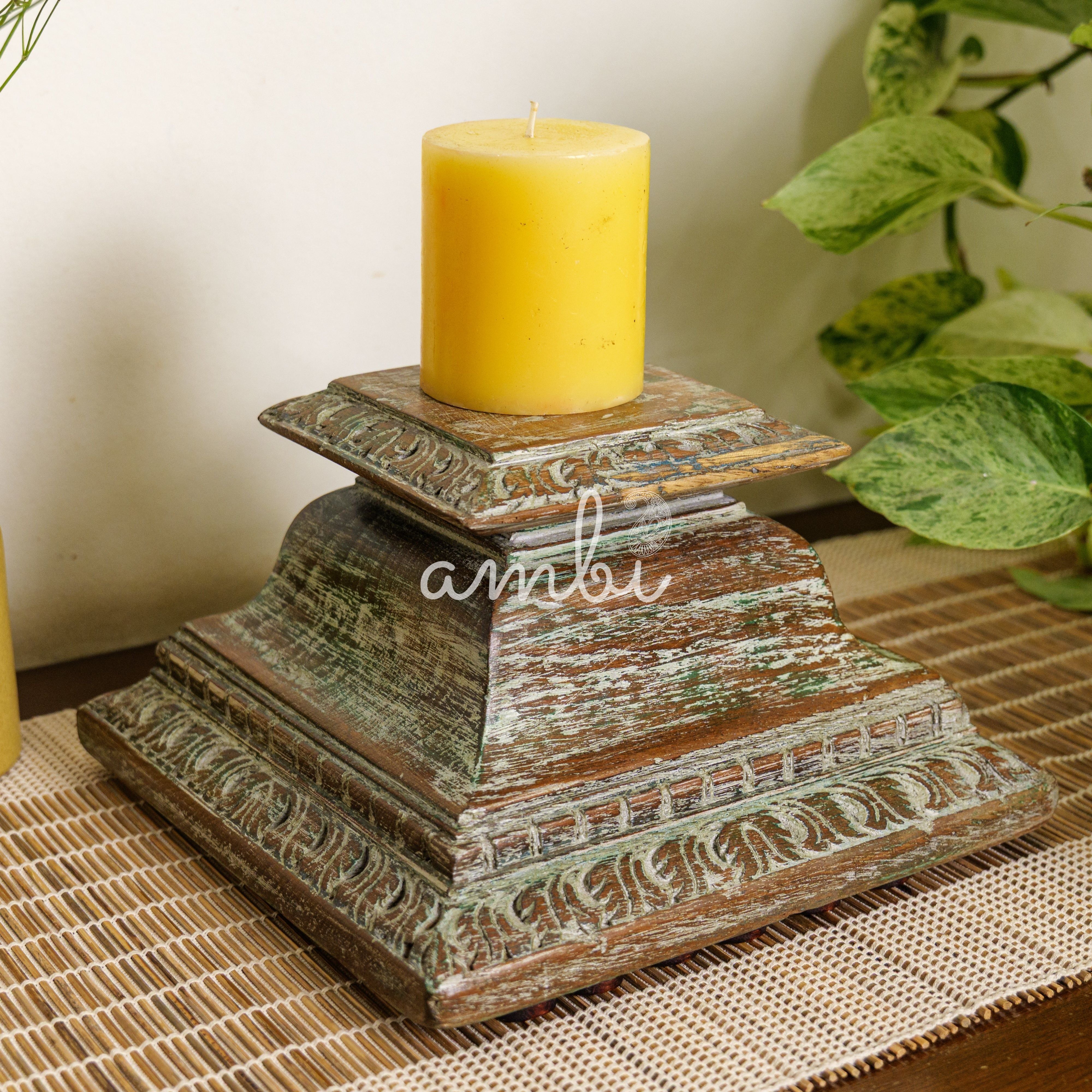 Vintage Candle Stand - Pillar Base - Rectangular Carved