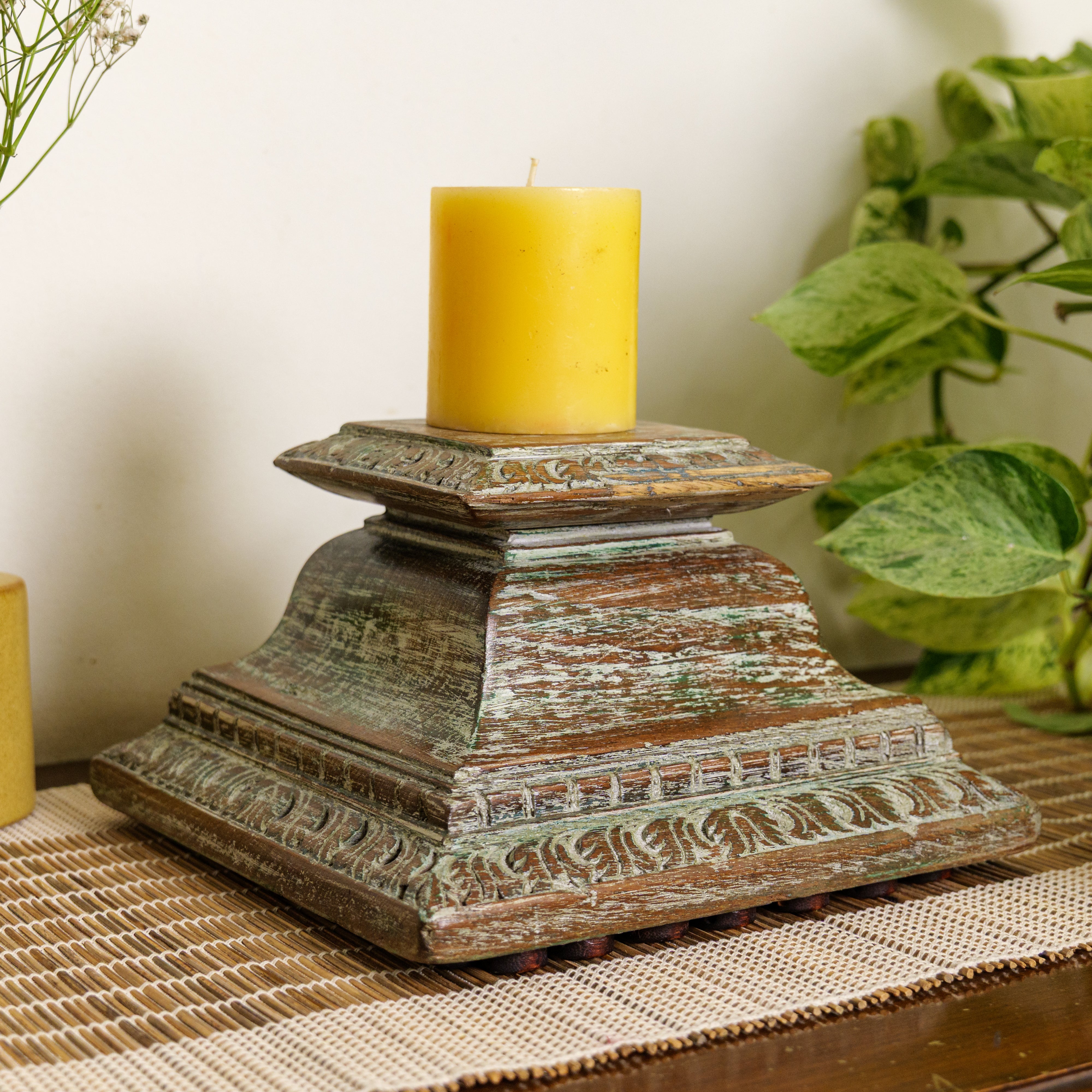 Vintage Candle Stand - Pillar Base - Rectangular Carved