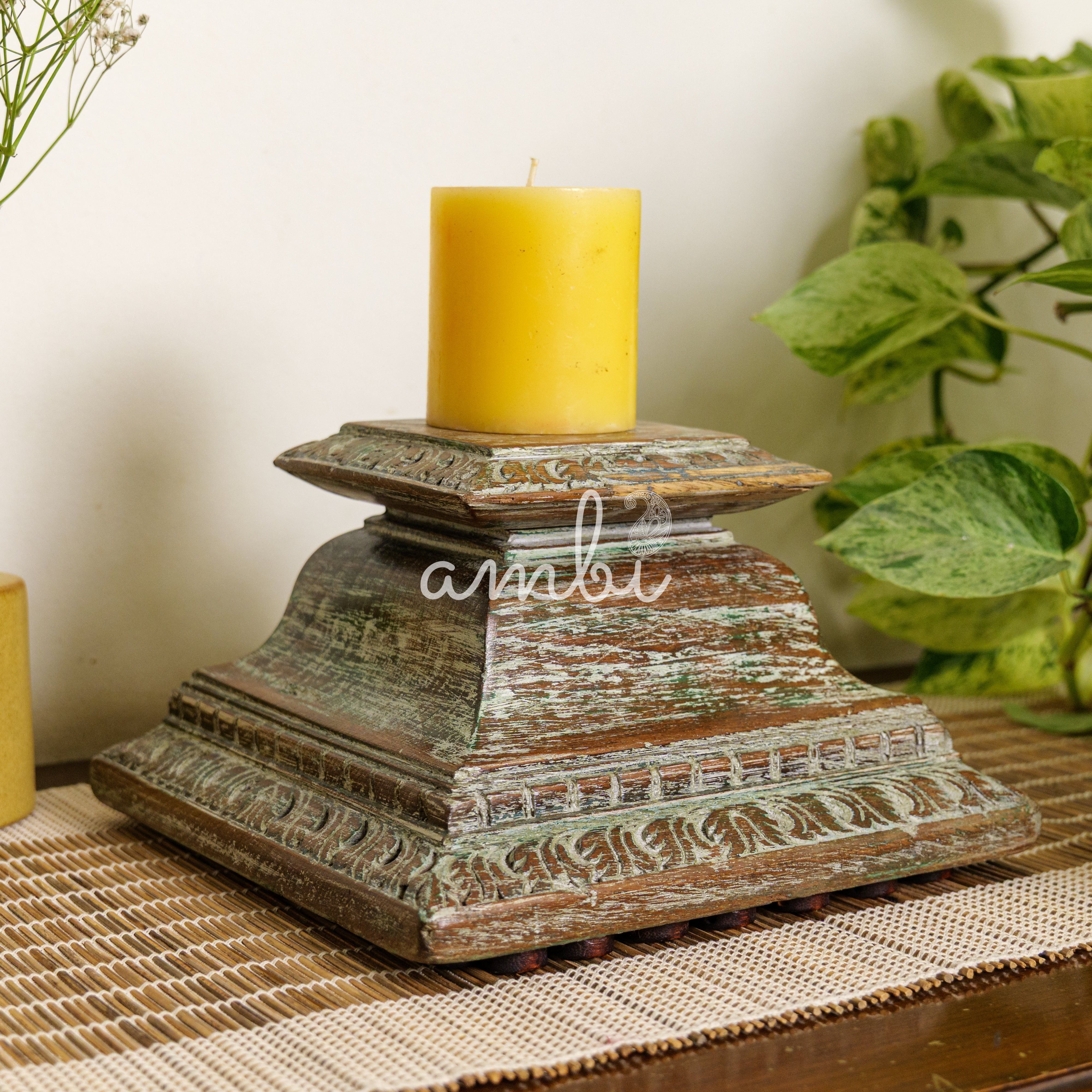 Vintage Candle Stand - Pillar Base - Rectangular Carved