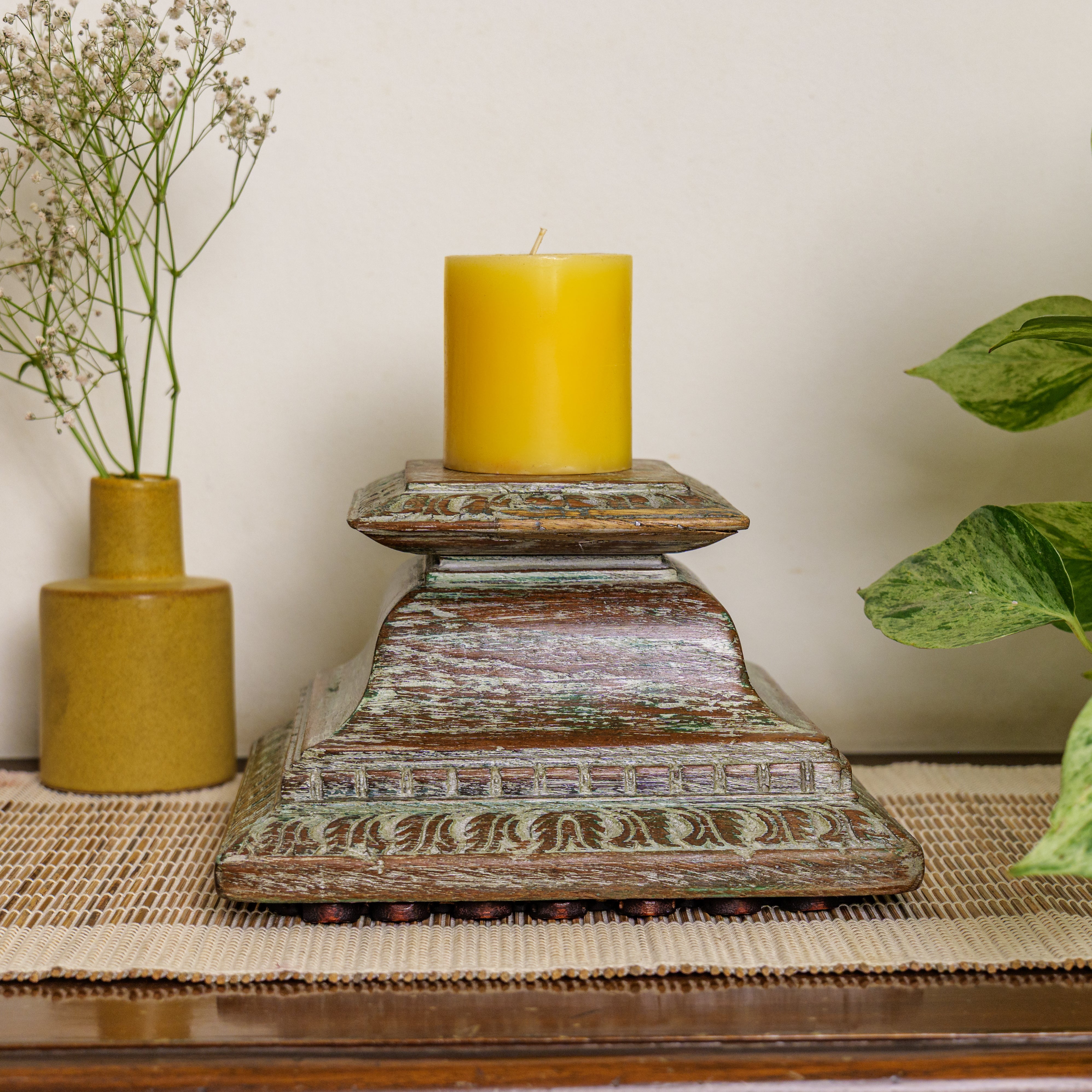 Vintage Candle Stand - Pillar Base - Rectangular Carved