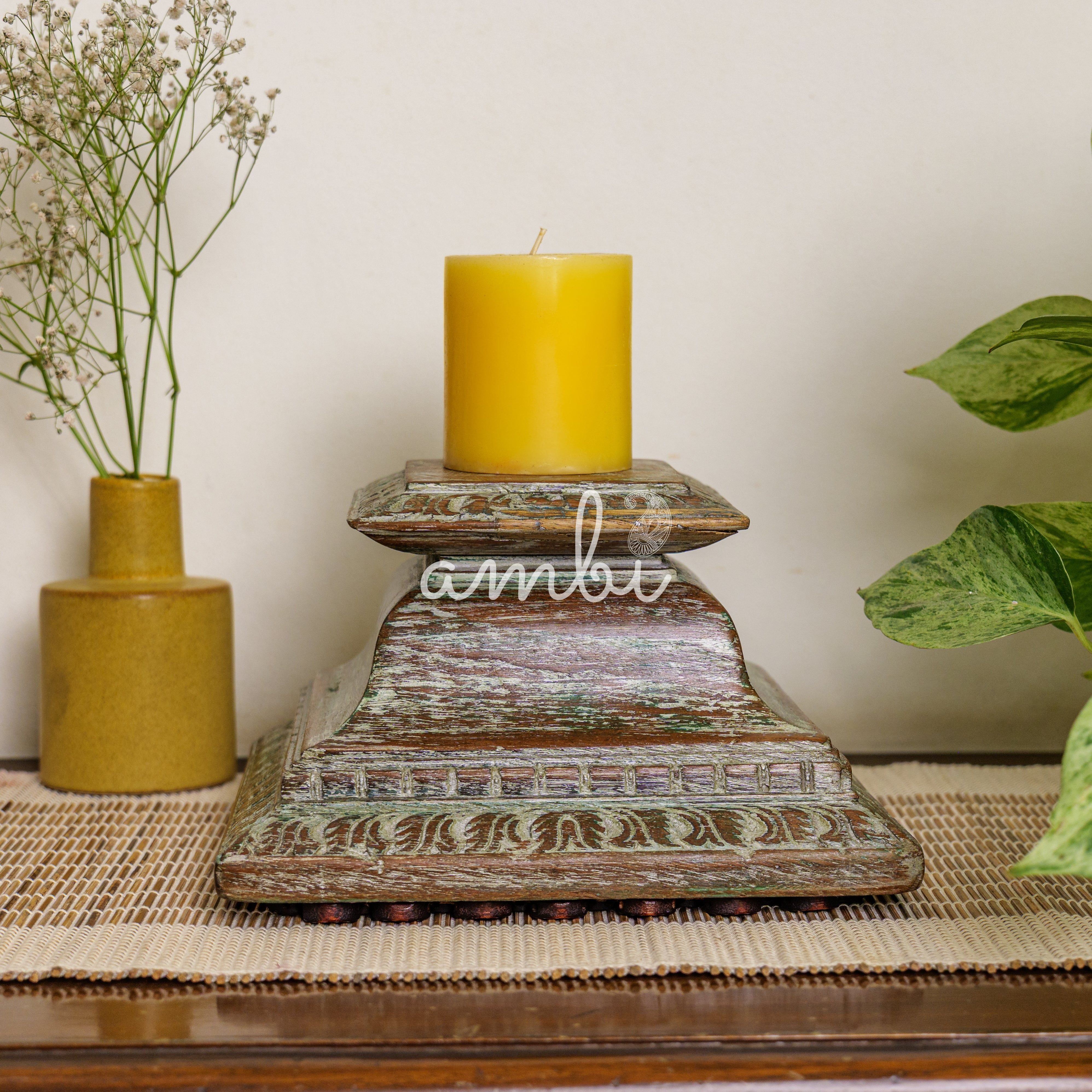 Vintage Candle Stand - Pillar Base - Rectangular Carved