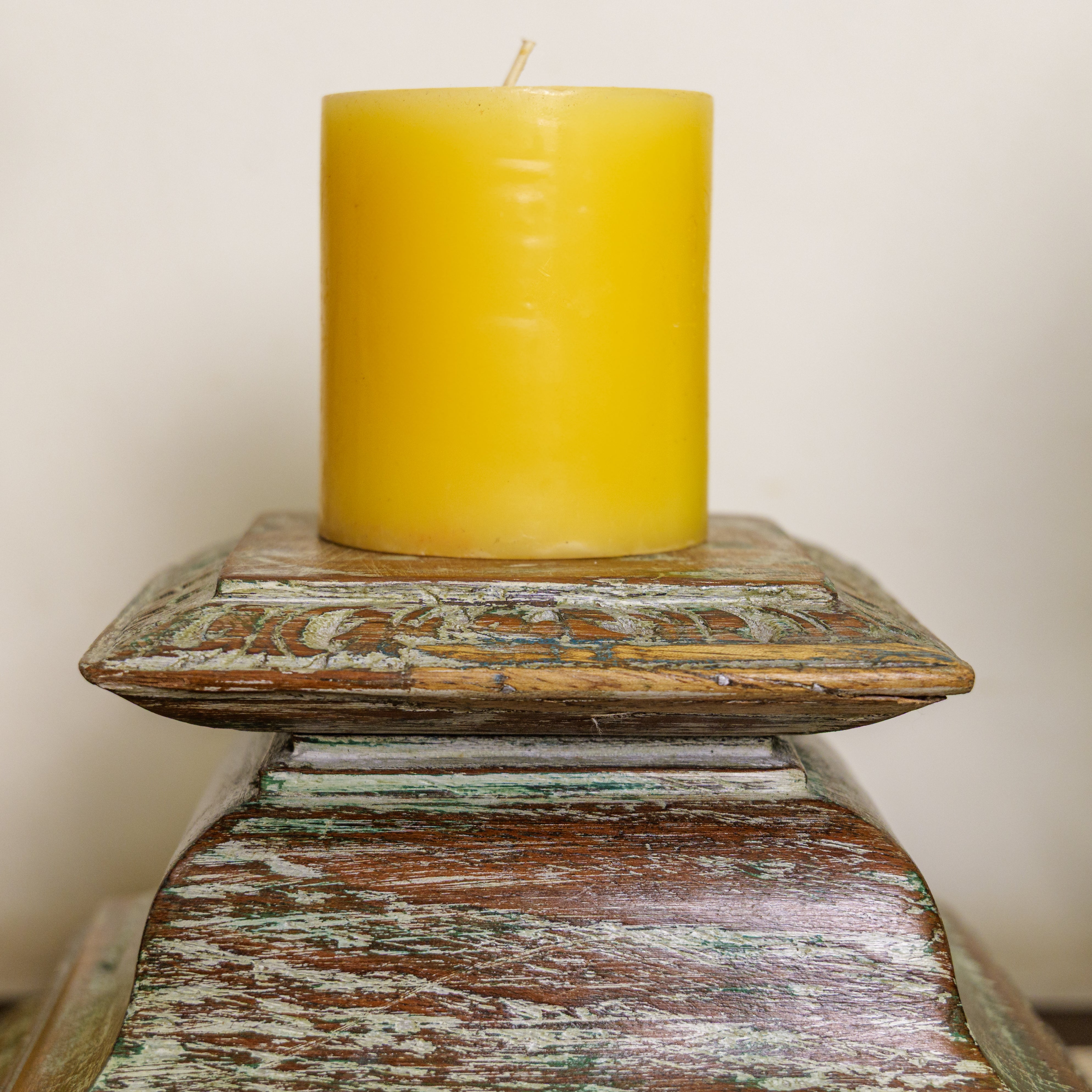 Vintage Candle Stand - Pillar Base - Rectangular Carved