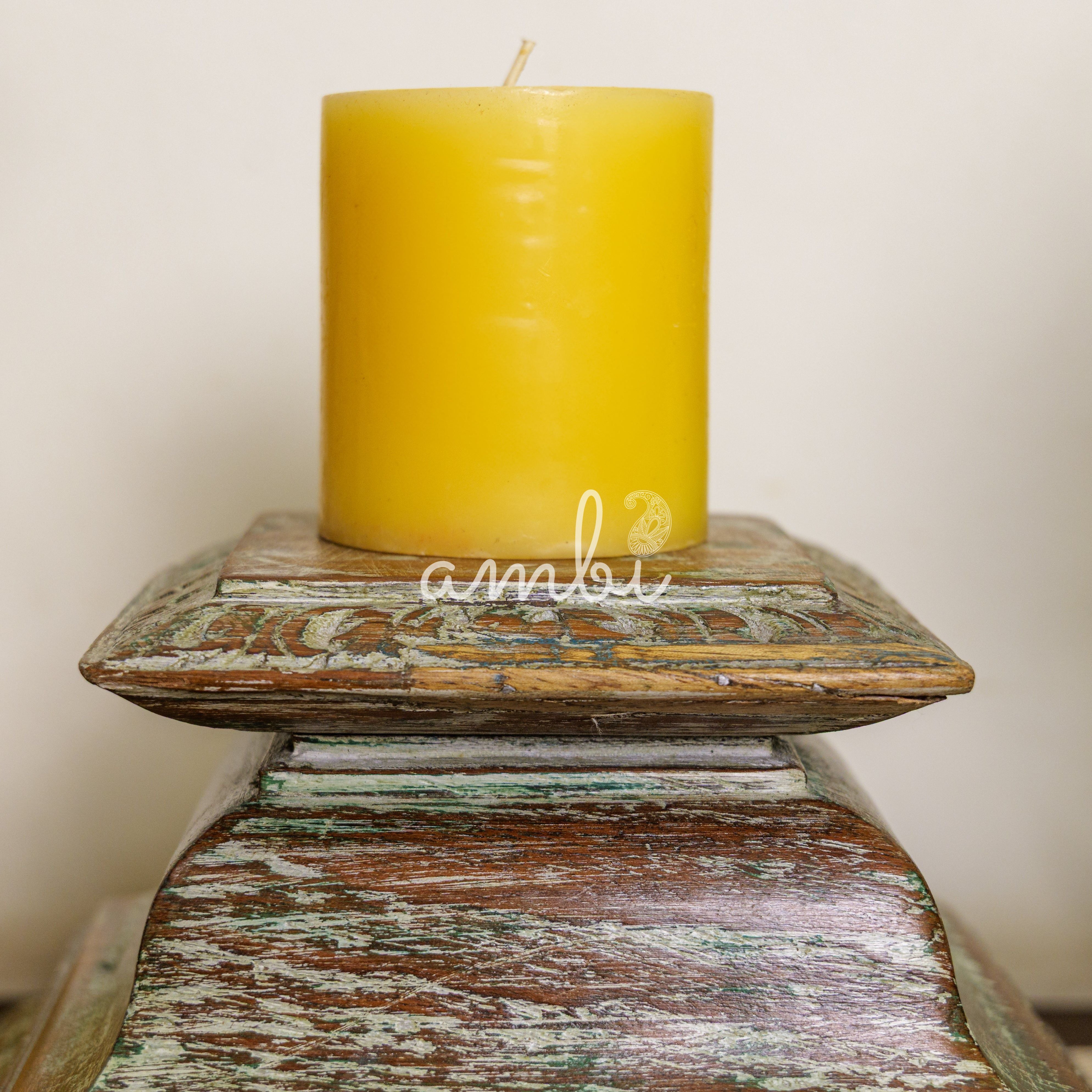 Vintage Candle Stand - Pillar Base - Rectangular Carved