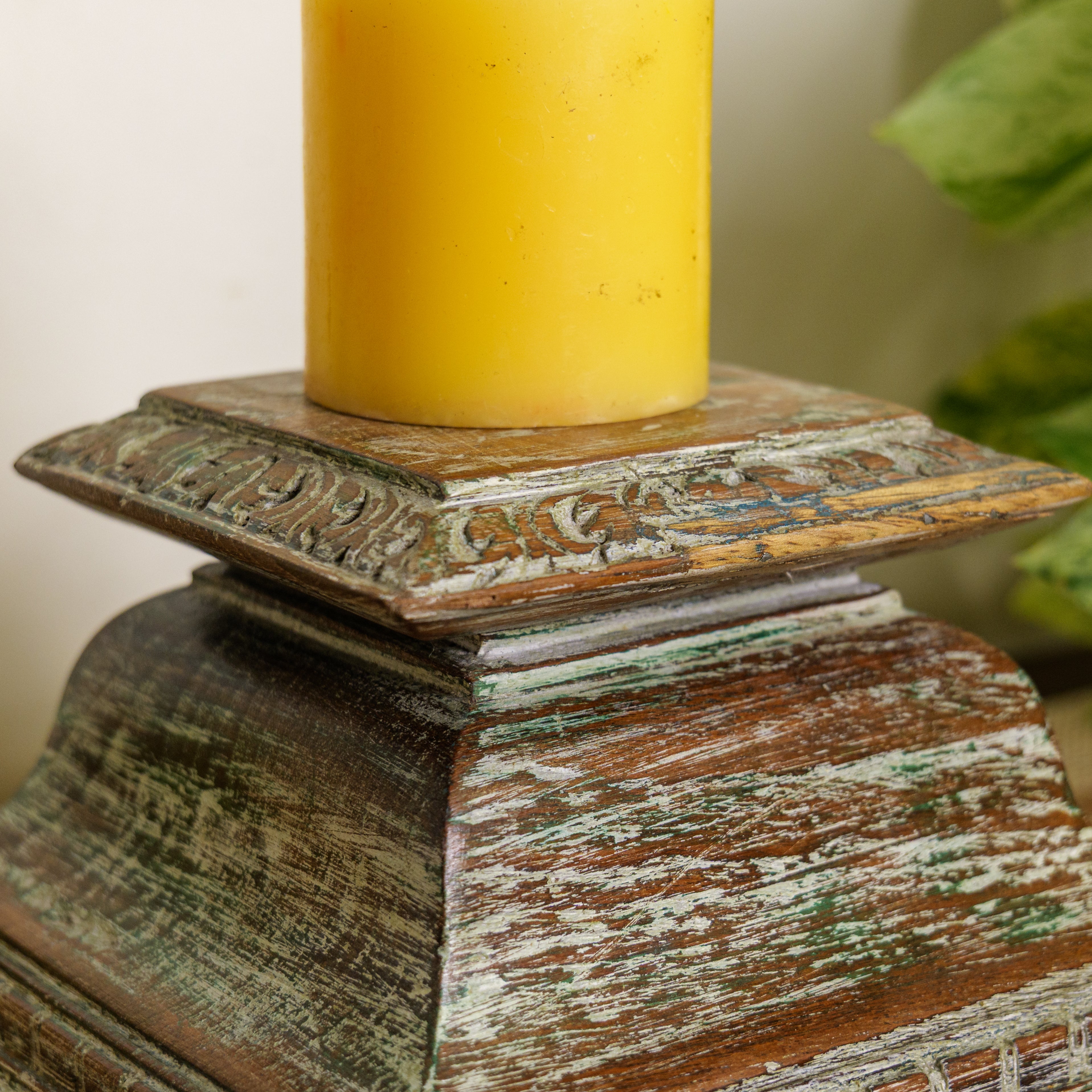 Vintage Candle Stand - Pillar Base - Rectangular Carved