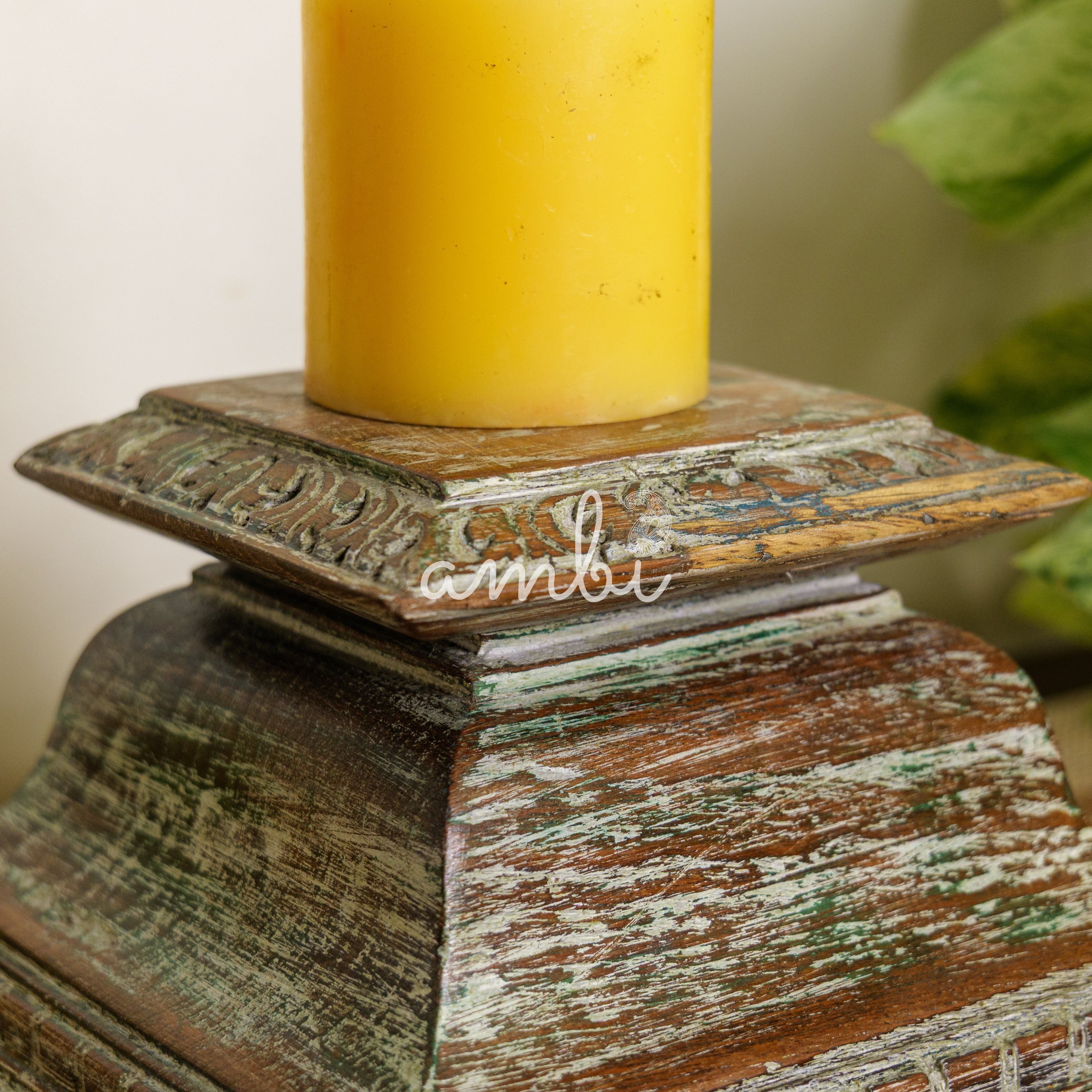 Vintage Candle Stand - Pillar Base - Rectangular Carved