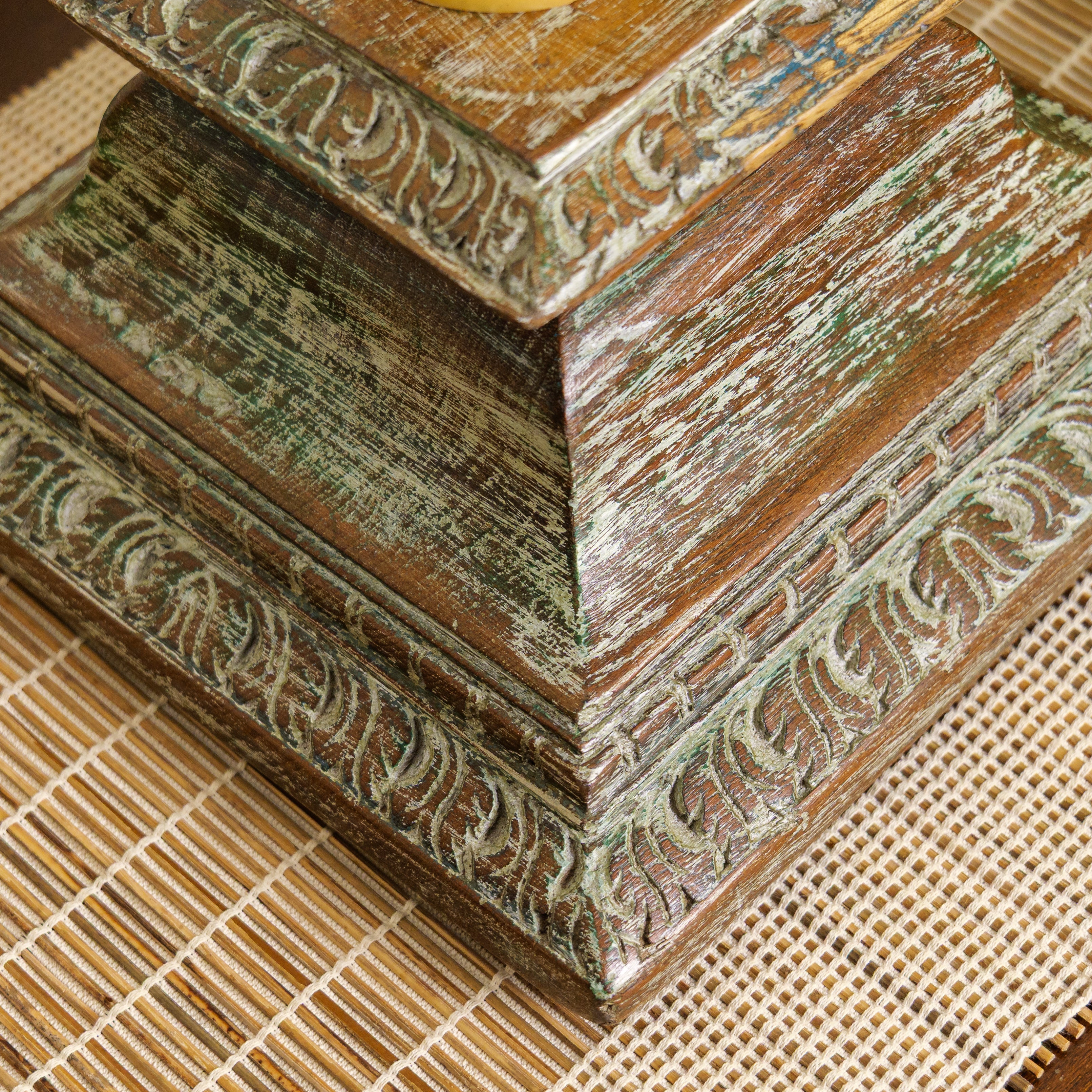 Vintage Candle Stand - Pillar Base - Rectangular Carved