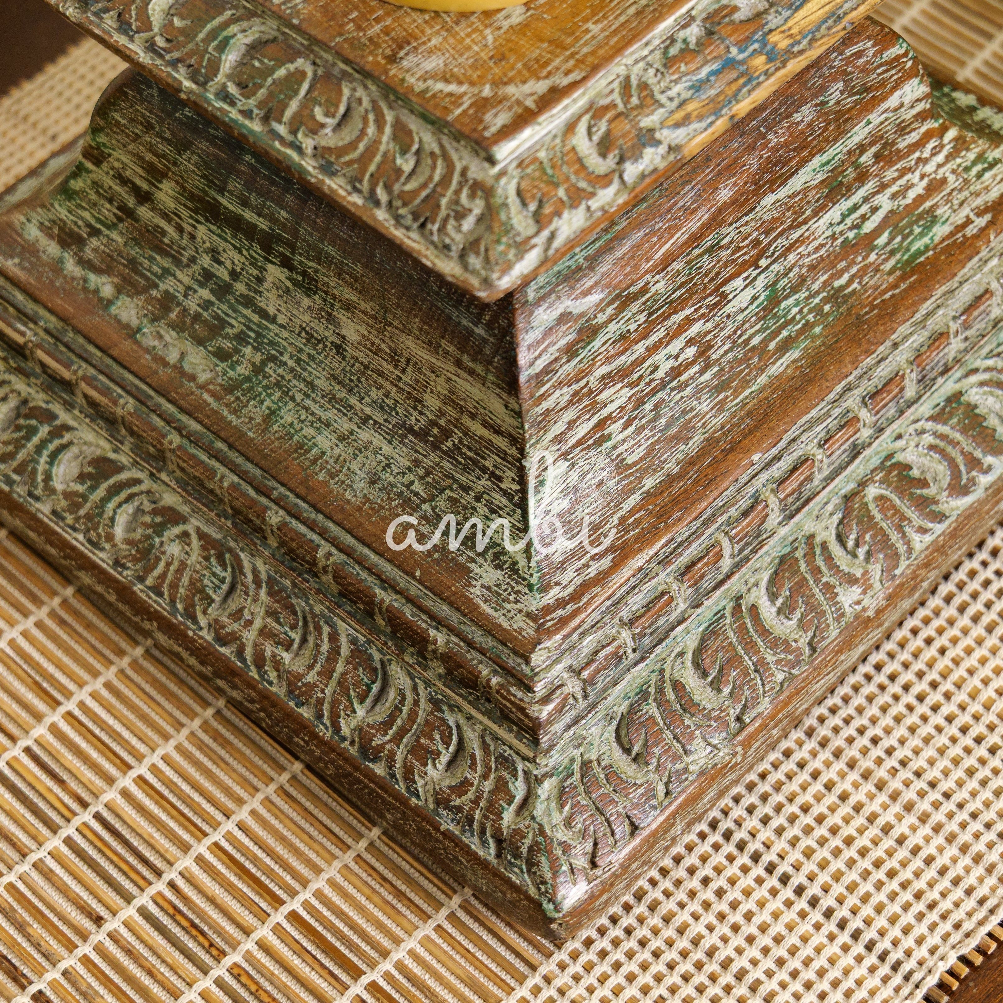 Vintage Candle Stand - Pillar Base - Rectangular Carved