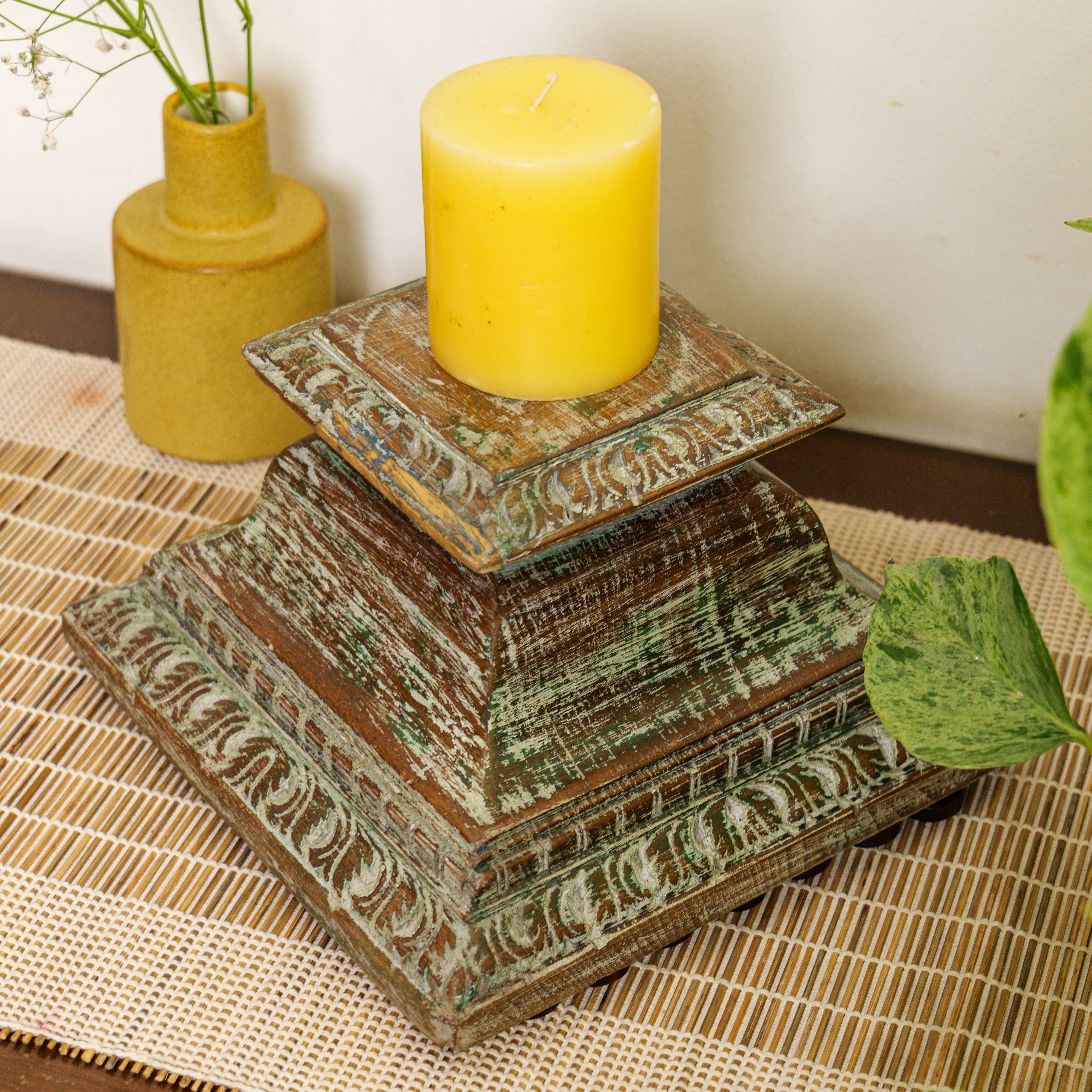 Vintage Candle Stand - Pillar Base - Rectangular Carved