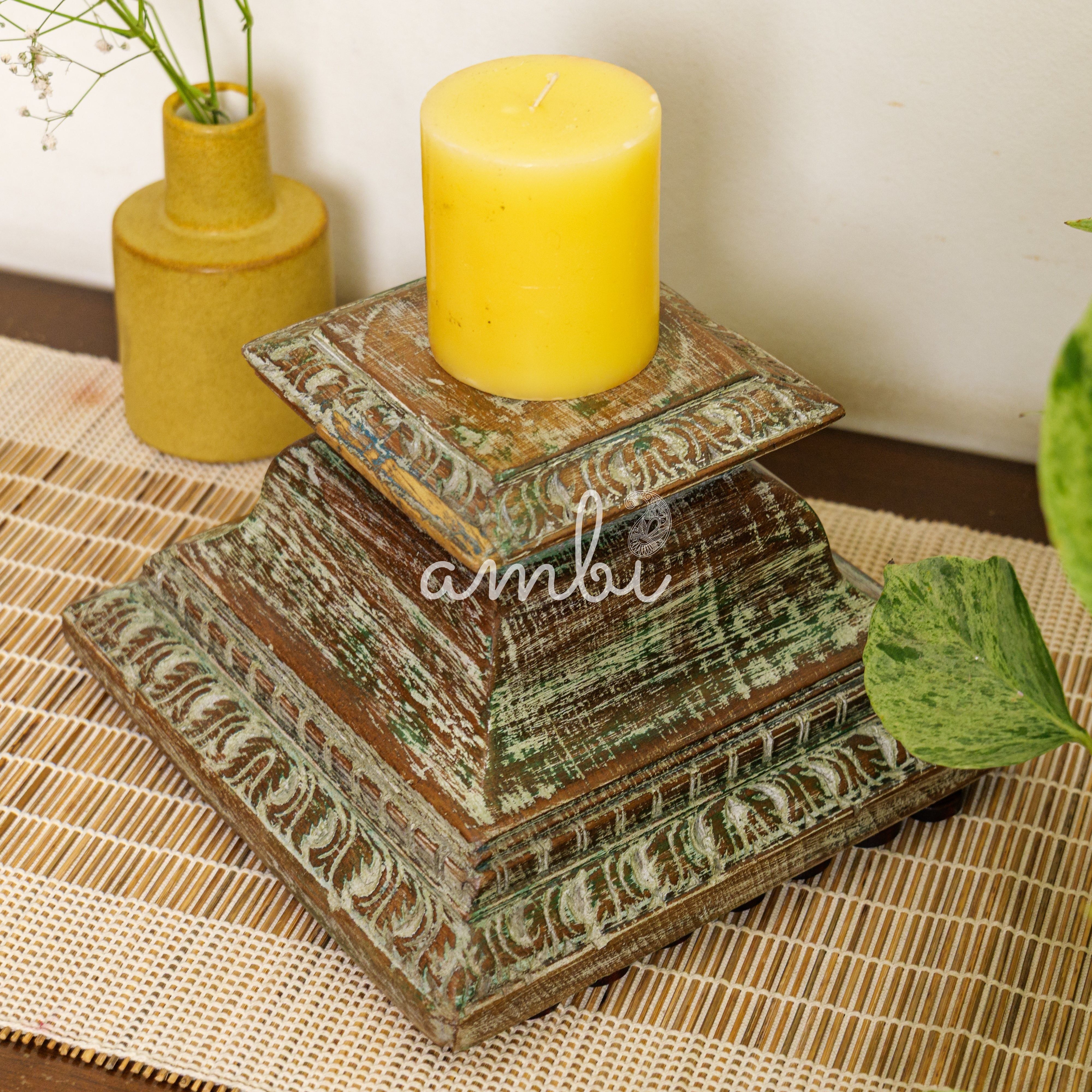 Vintage Candle Stand - Pillar Base - Rectangular Carved