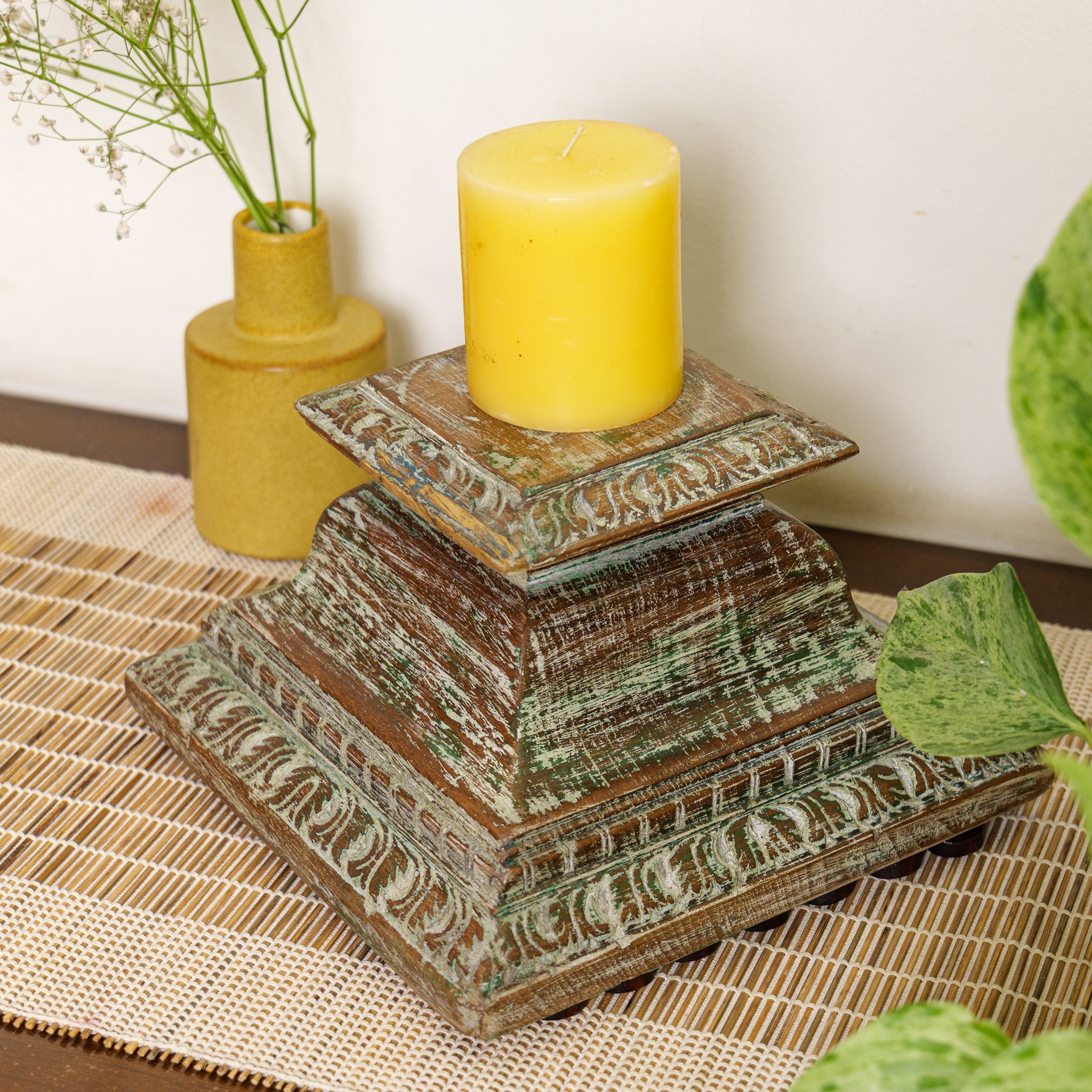 Vintage Candle Stand - Pillar Base - Rectangular Carved