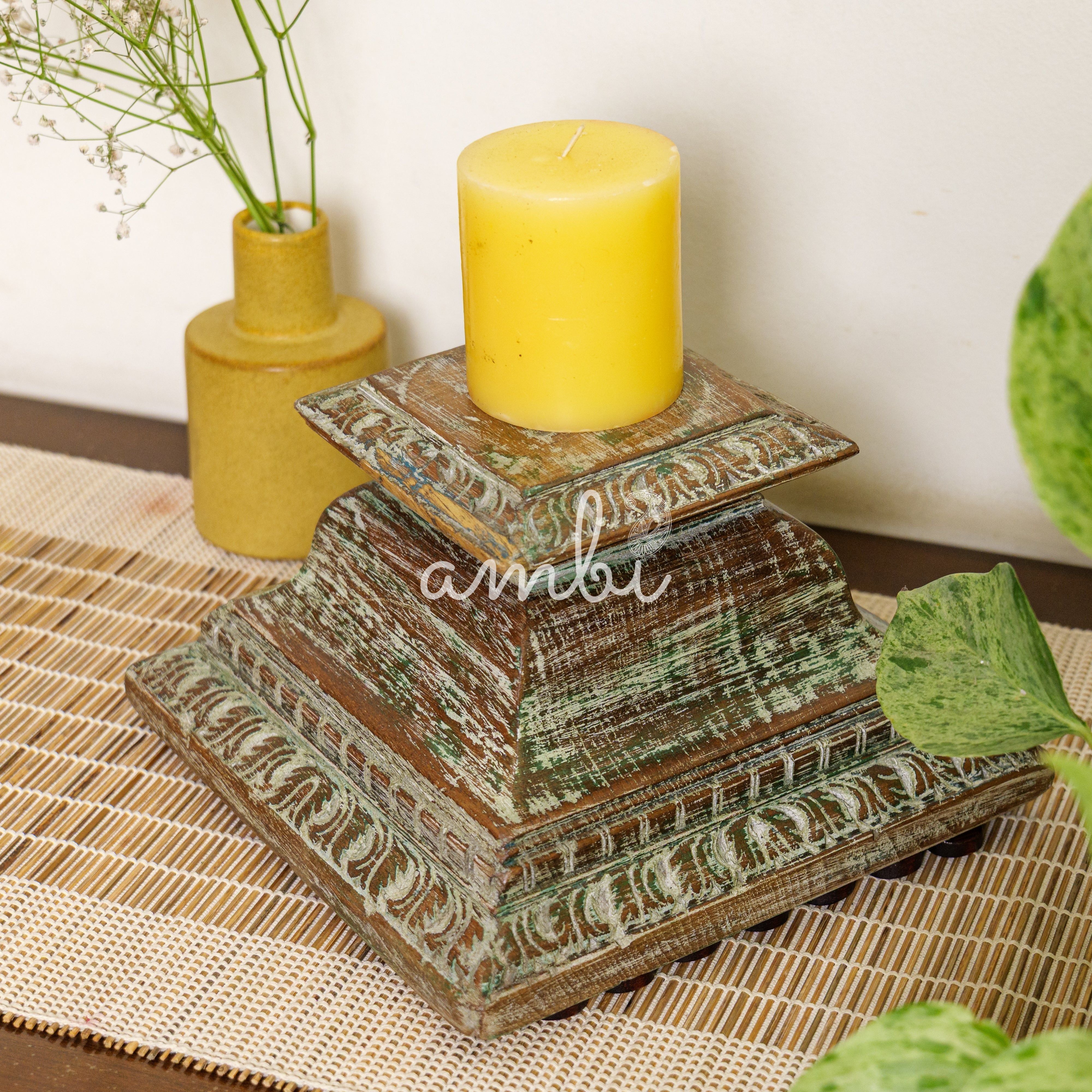 Vintage Candle Stand - Pillar Base - Rectangular Carved