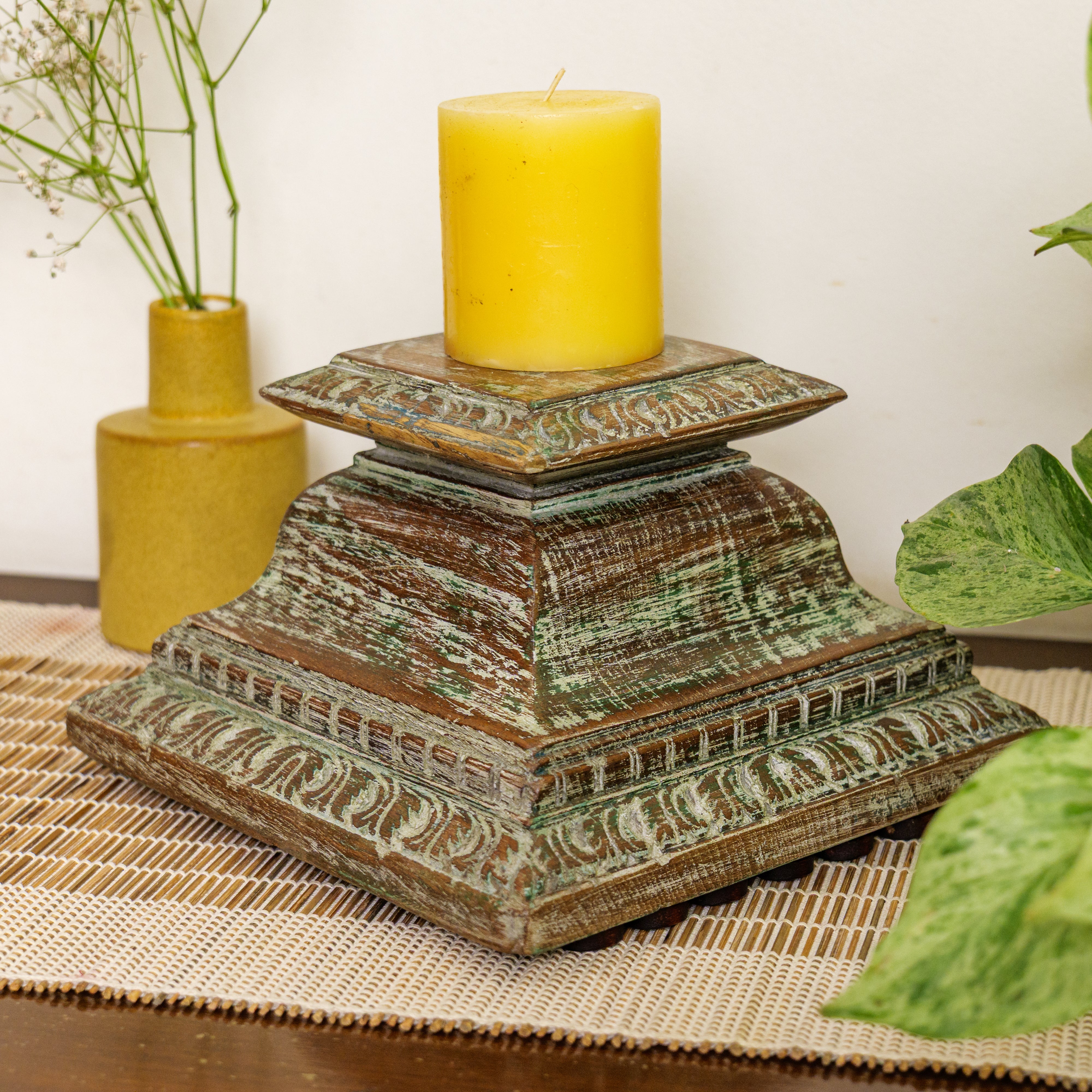 Vintage Candle Stand - Pillar Base - Rectangular Carved