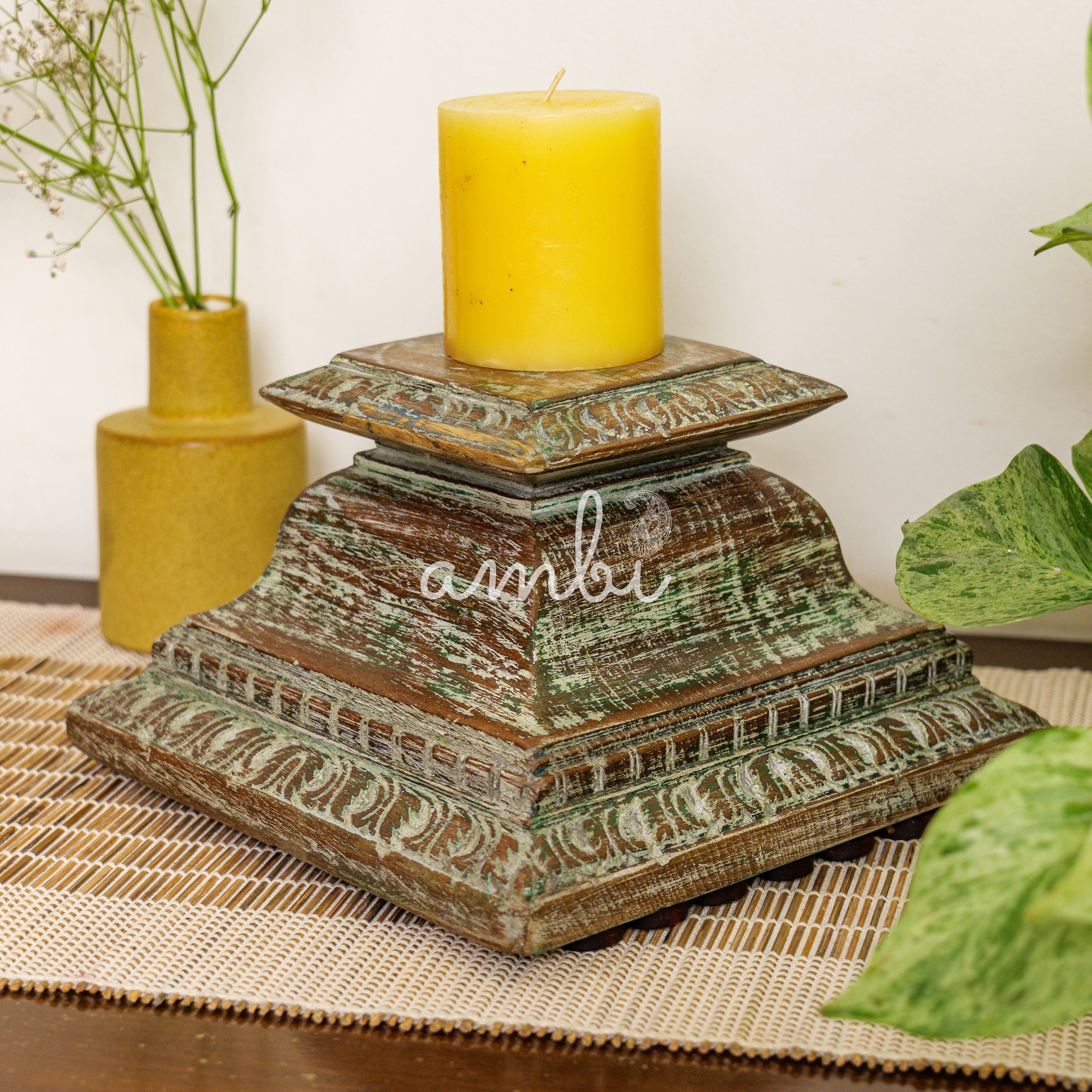 Vintage Candle Stand - Pillar Base - Rectangular Carved