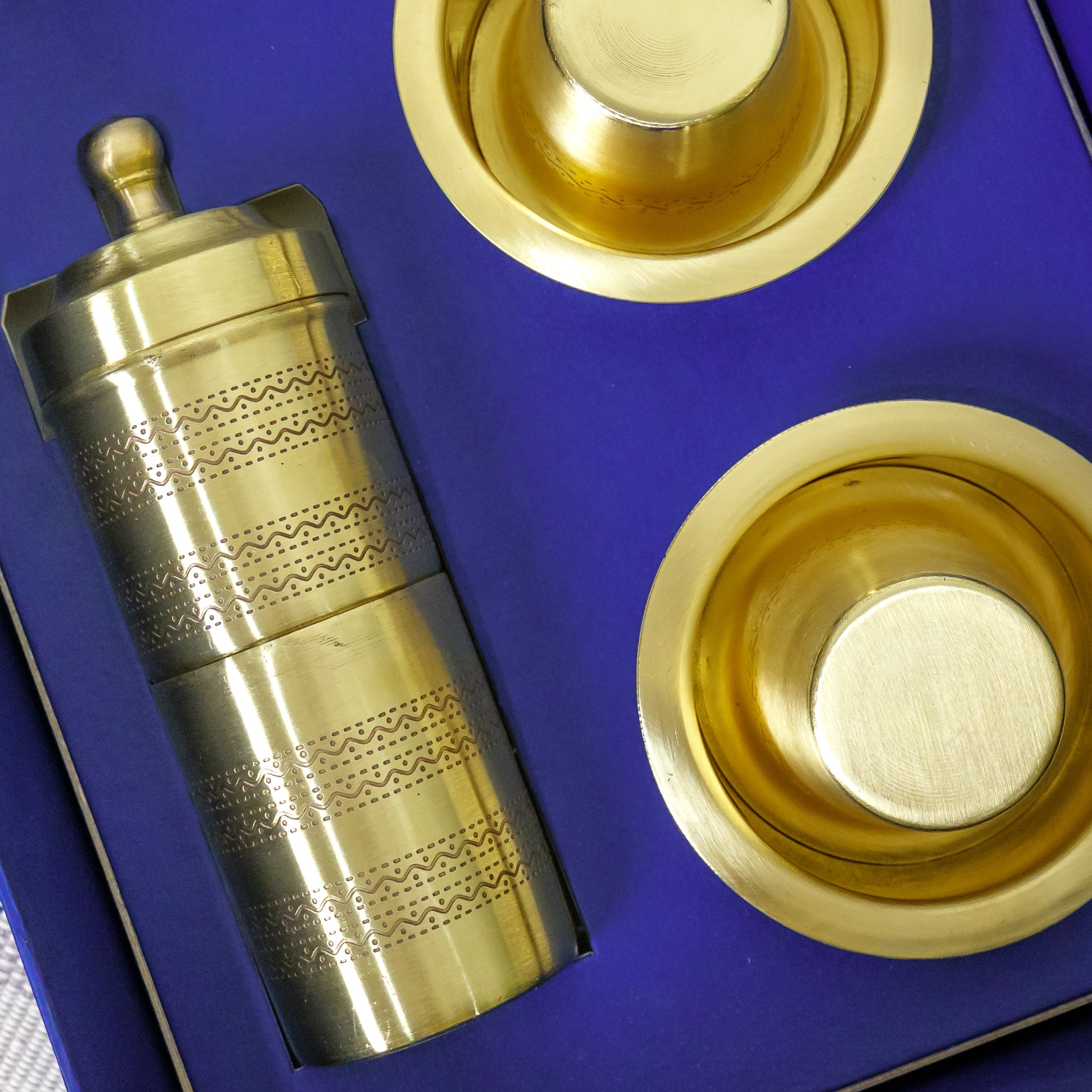 Pure Brass Coffee Filter & 2 Dabara Cup Set — Finely Etched | Gift Box