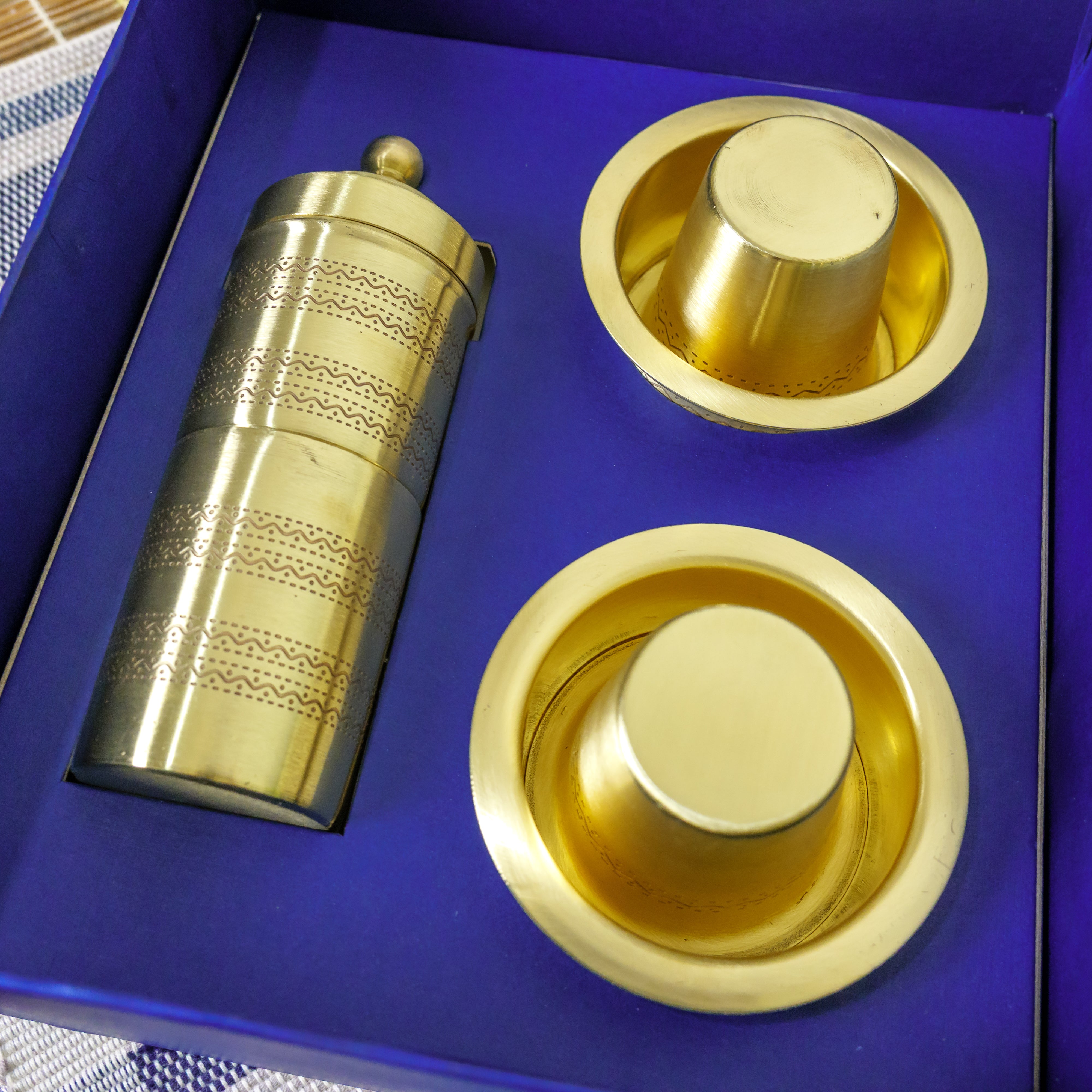 Pure Brass Coffee Filter & 2 Dabara Cup Set — Finely Etched | Gift Box