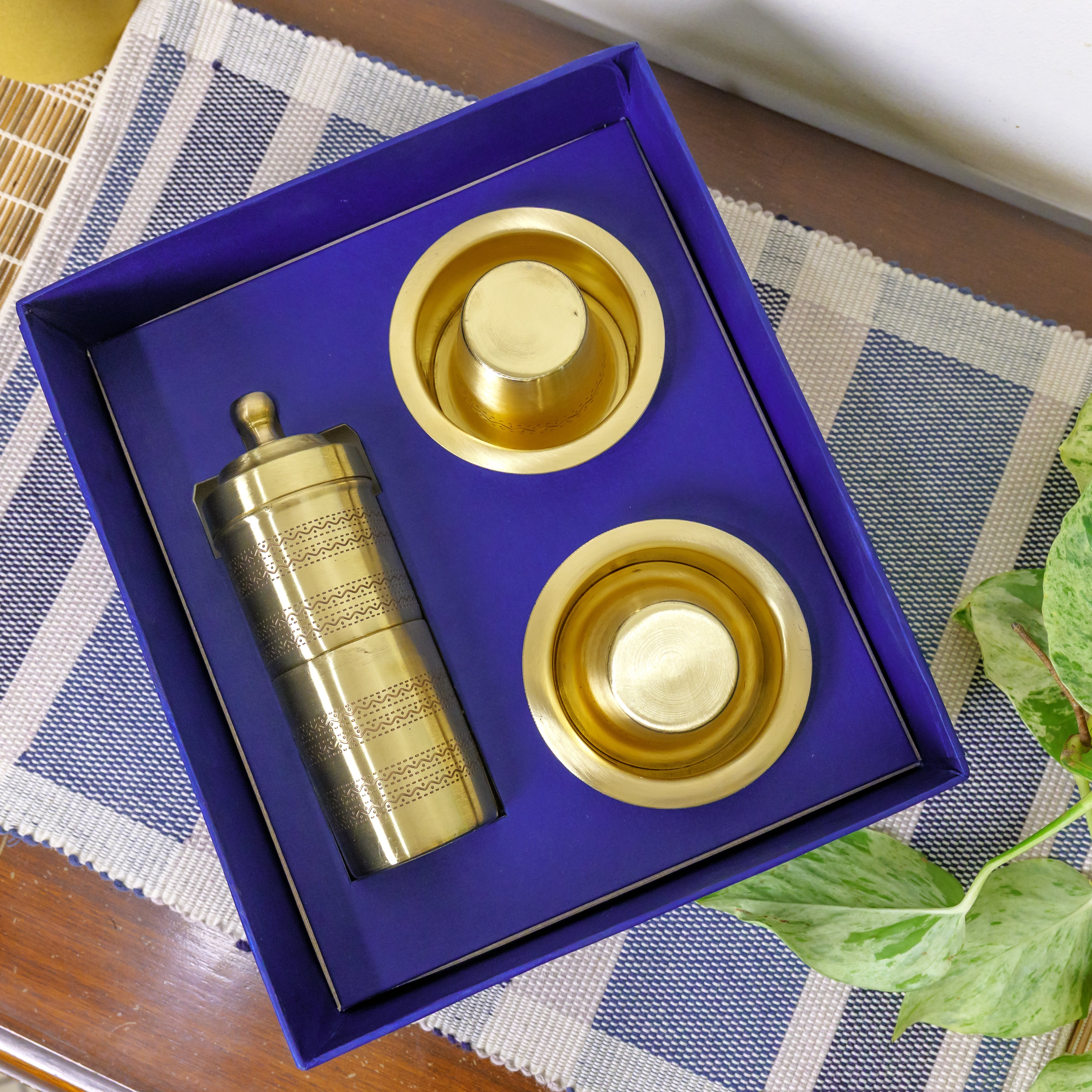 Pure Brass Coffee Filter & 2 Dabara Cup Set — Finely Etched | Gift Box