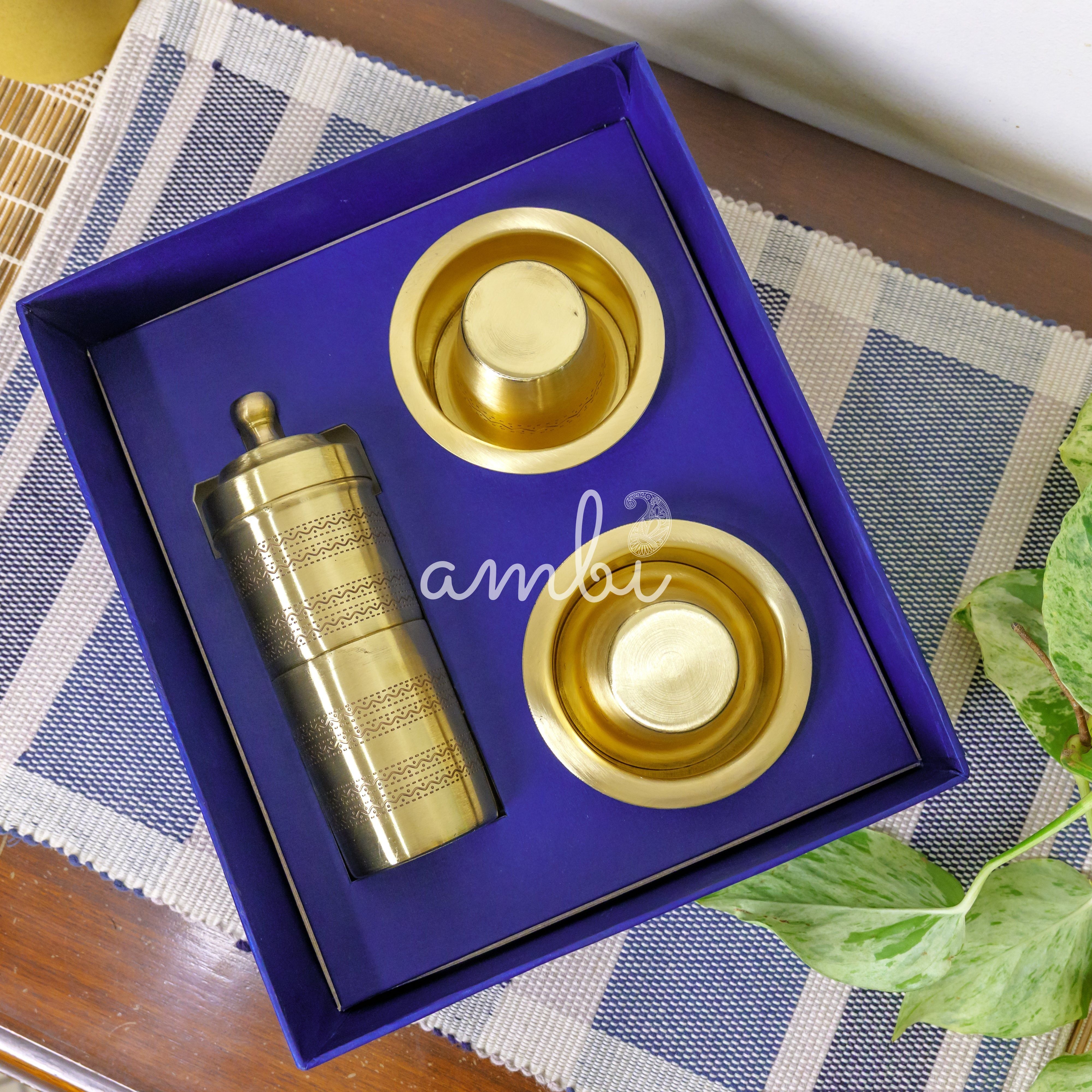 Pure Brass Coffee Filter and 2 Dabara Cup Set - Finely Etched in a Gift Box