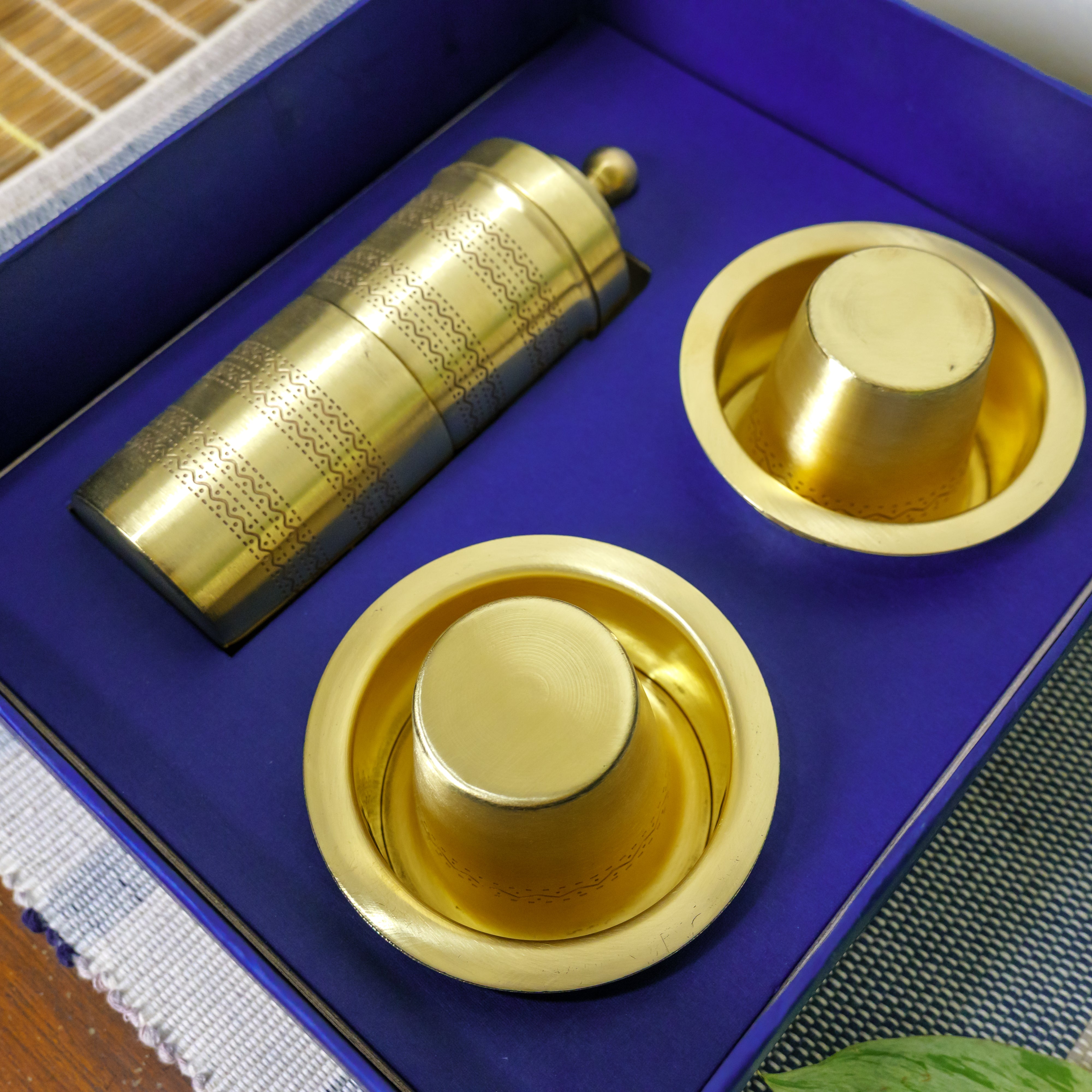 Pure Brass Coffee Filter & 2 Dabara Cup Set — Finely Etched | Gift Box