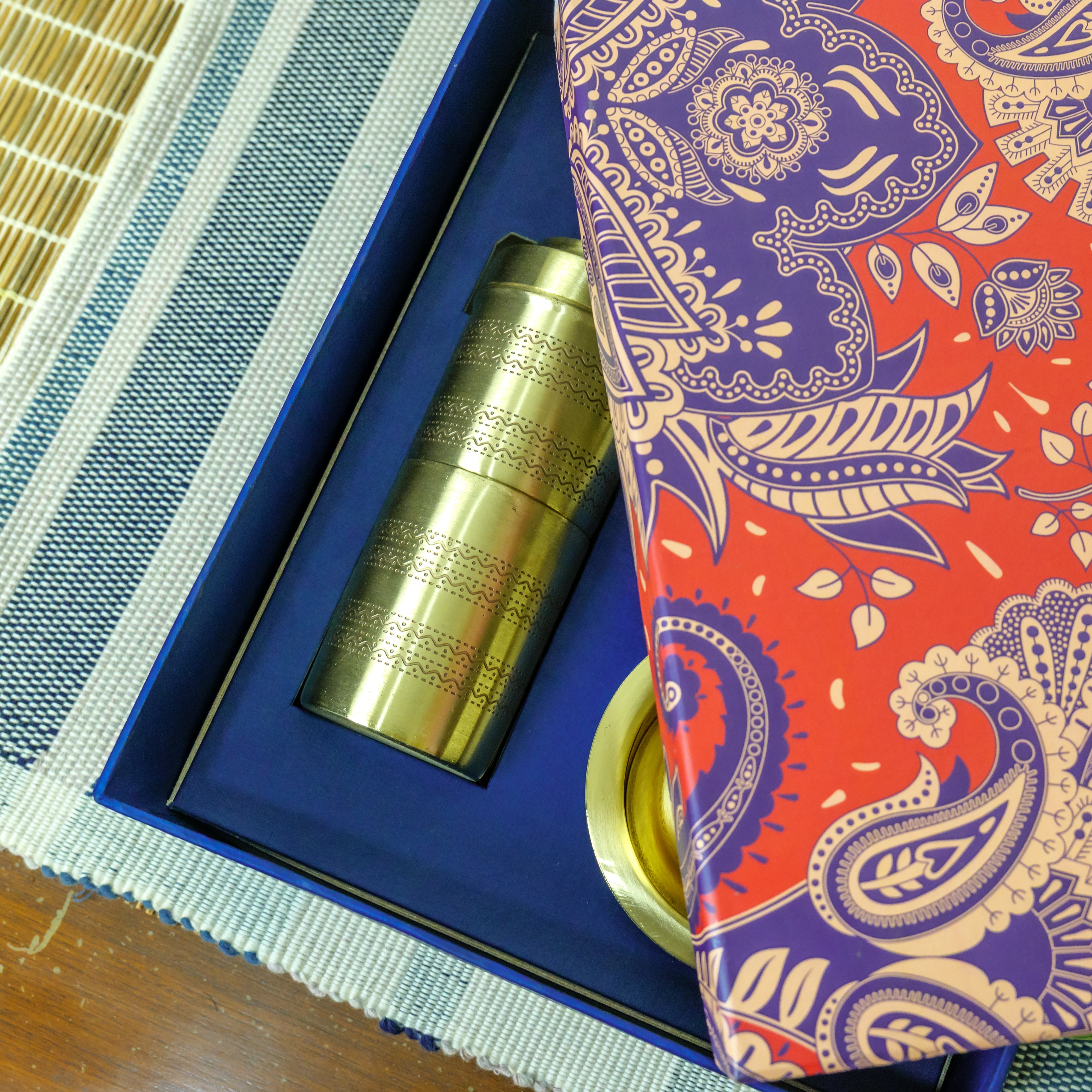 Pure Brass Coffee Filter & 2 Dabara Cup Set — Finely Etched | Gift Box