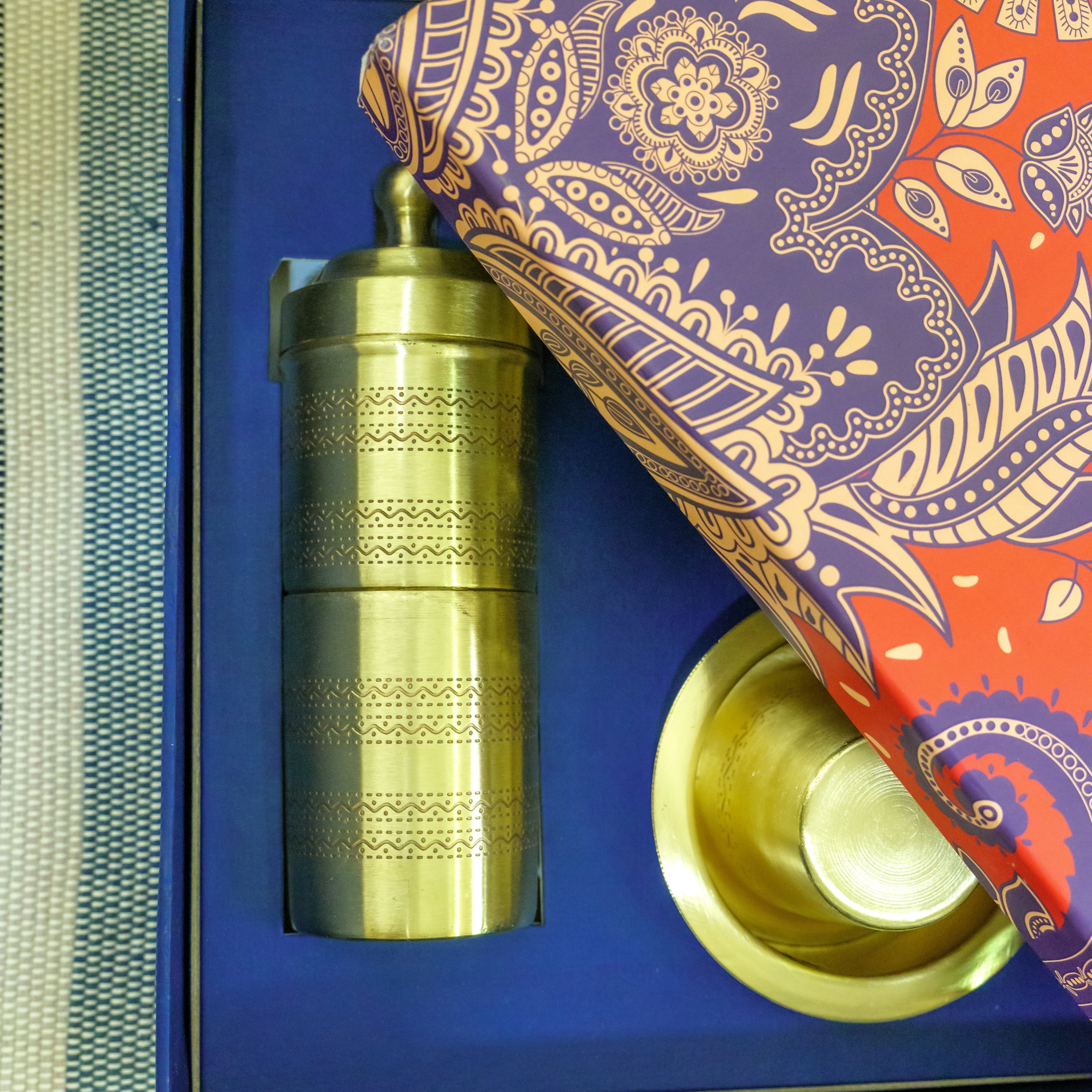Pure Brass Coffee Filter & 2 Dabara Cup Set — Finely Etched | Gift Box