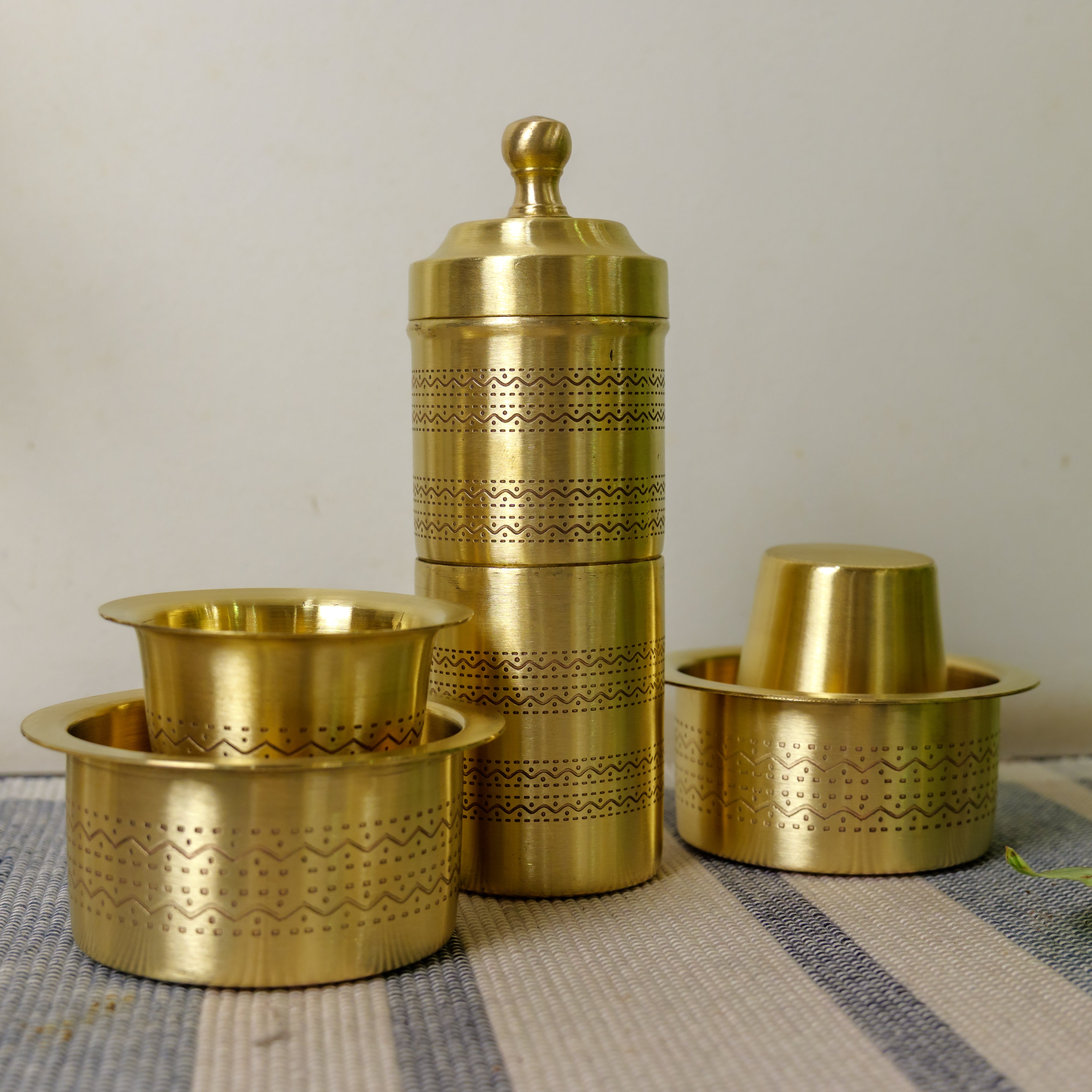 Pure Brass Coffee Filter & 2 Dabara Cup Set — Finely Etched | Gift Box