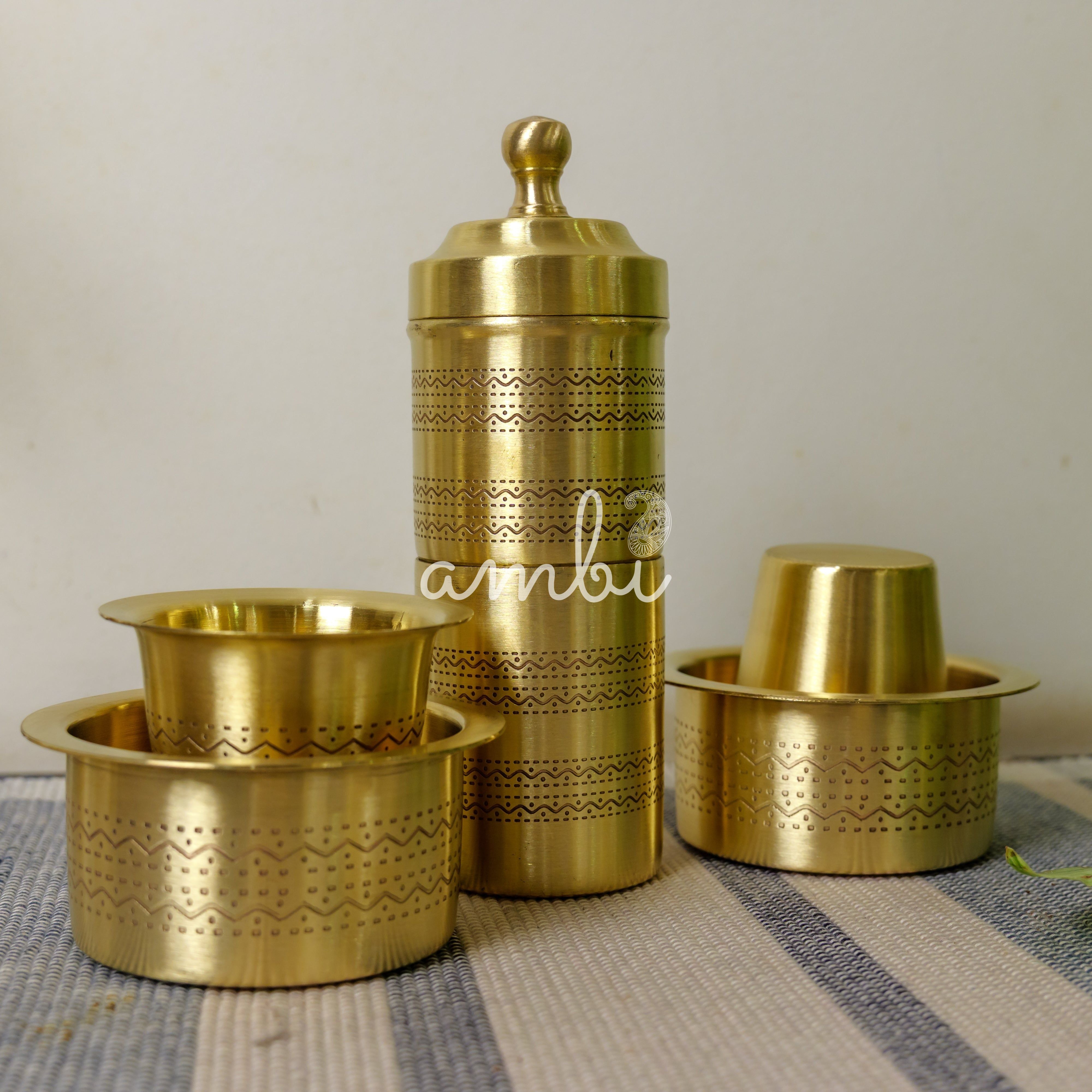 Pure Brass Coffee Filter and 2 Dabara Cup Set - Finely Etched in a Gift Box
