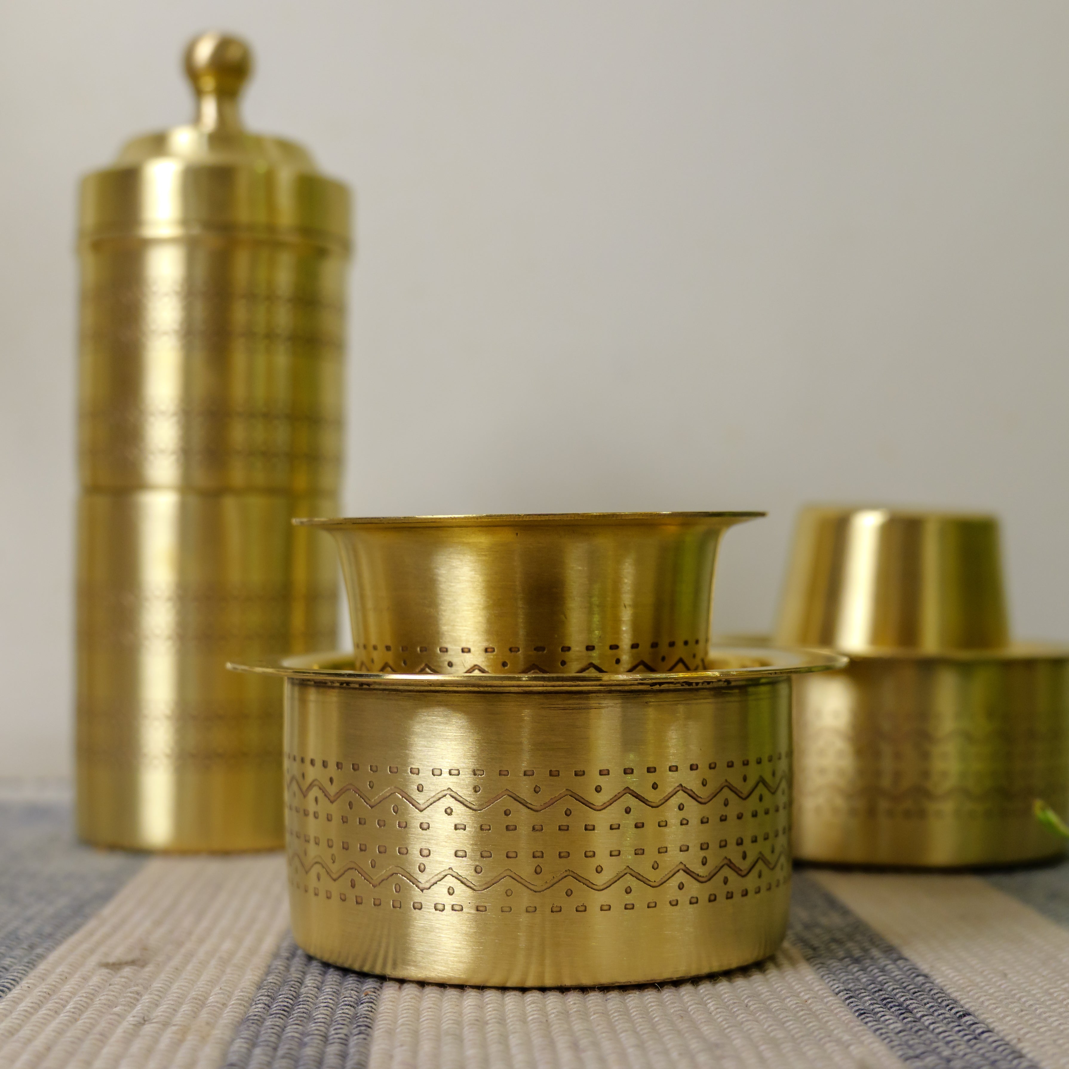 Pure Brass Coffee Filter & 2 Dabara Cup Set — Finely Etched | Gift Box