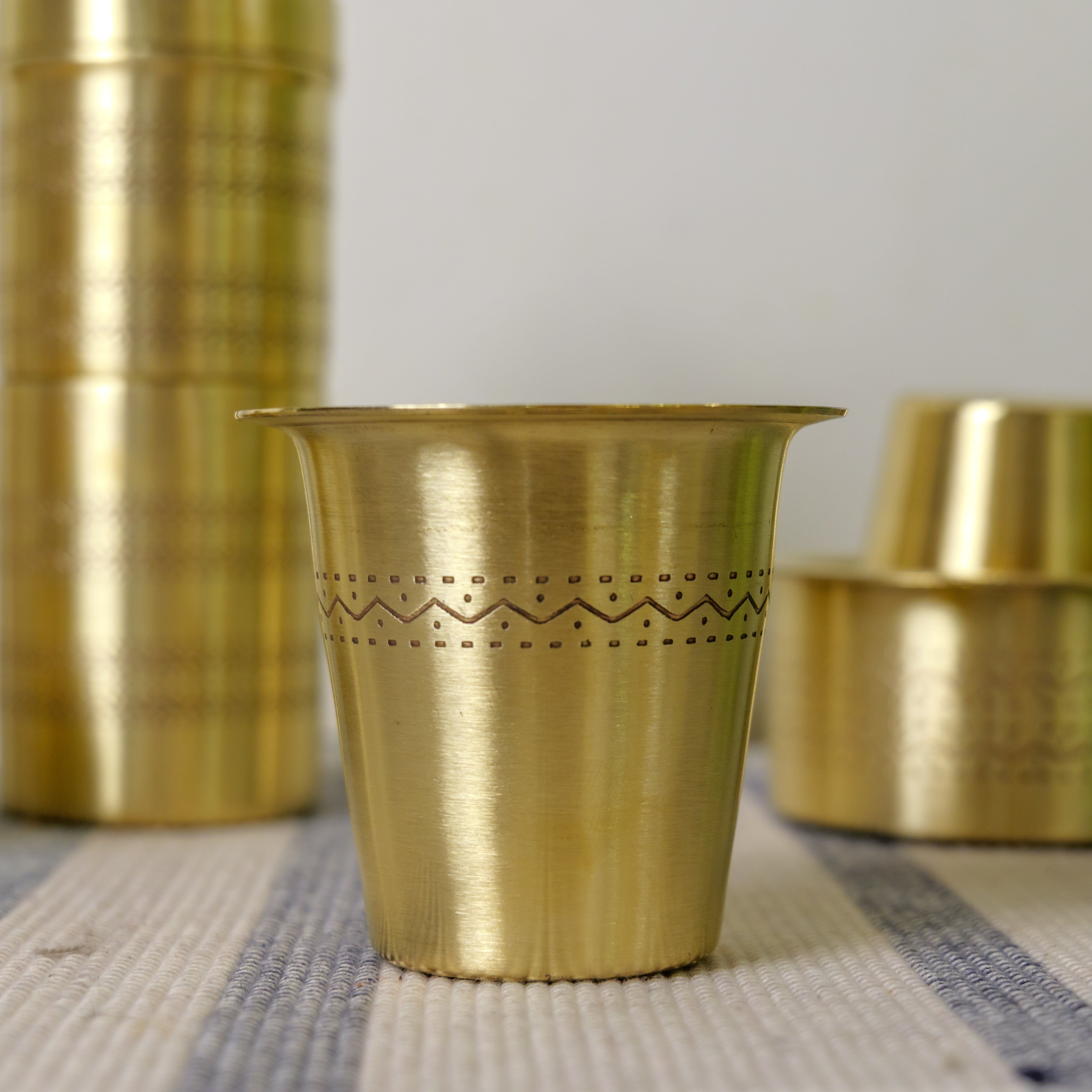 Pure Brass Coffee Filter & 2 Dabara Cup Set — Finely Etched | Gift Box