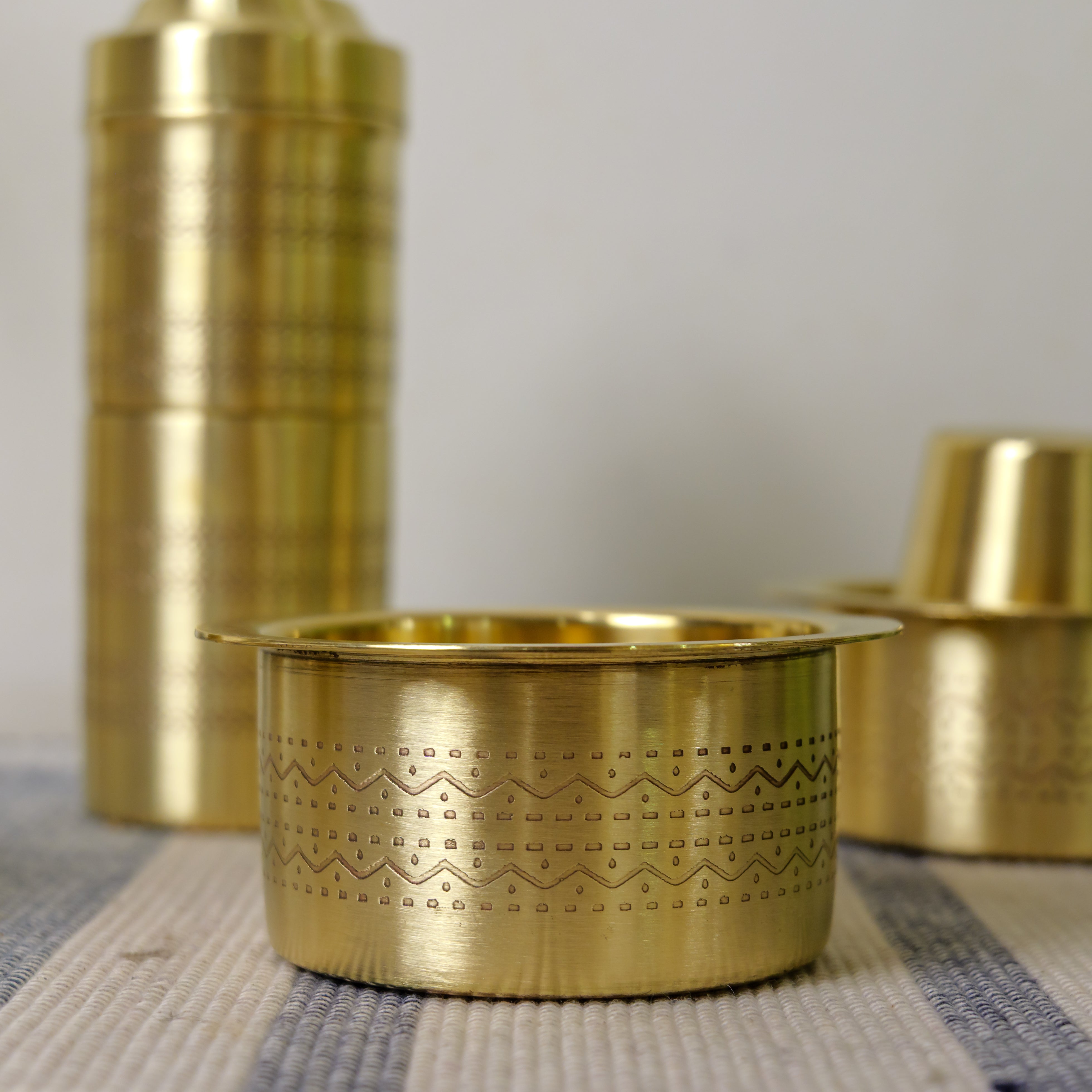 Pure Brass Coffee Filter & 2 Dabara Cup Set — Finely Etched | Gift Box