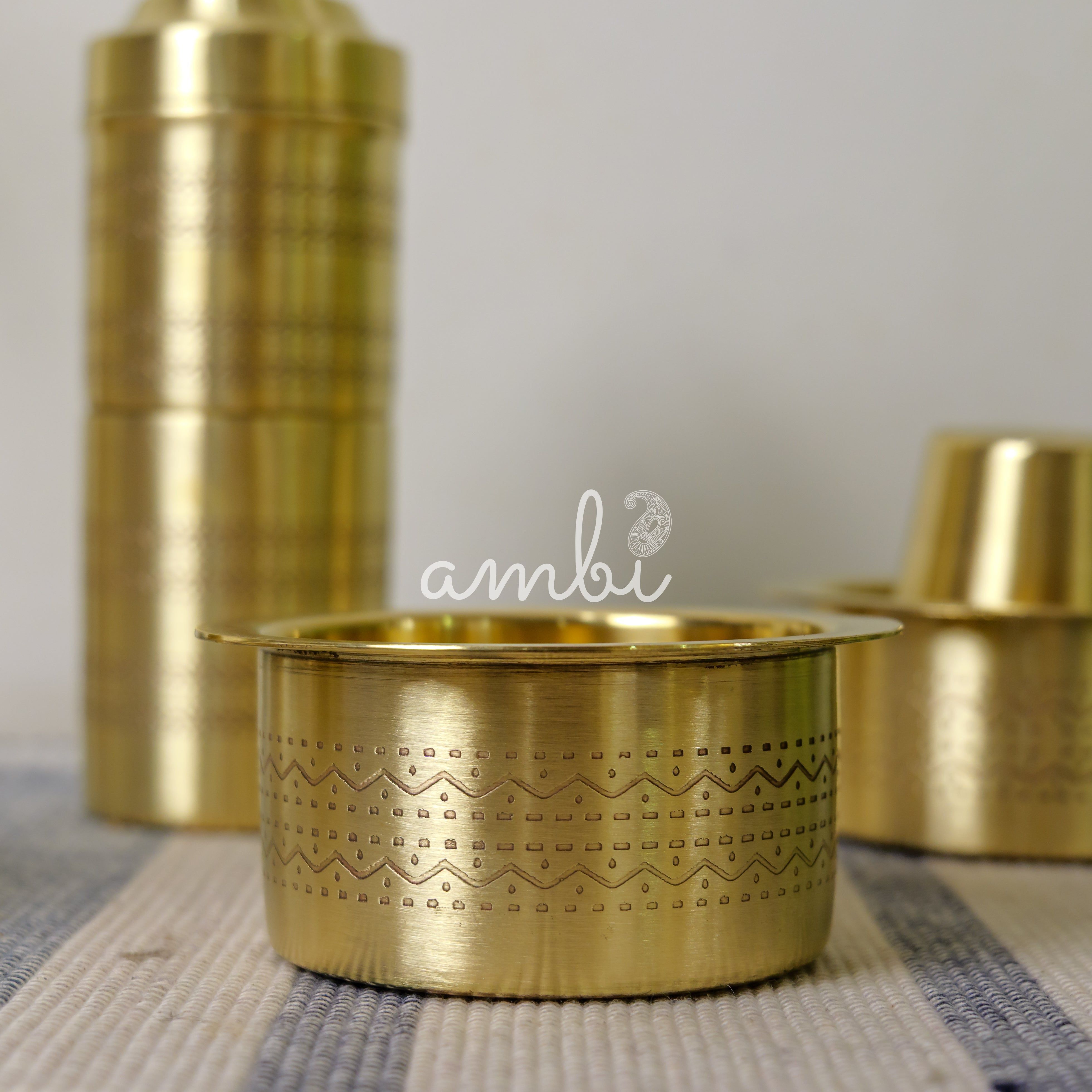 Pure Brass Coffee Filter and 2 Dabara Cup Set - Finely Etched in a Gift Box