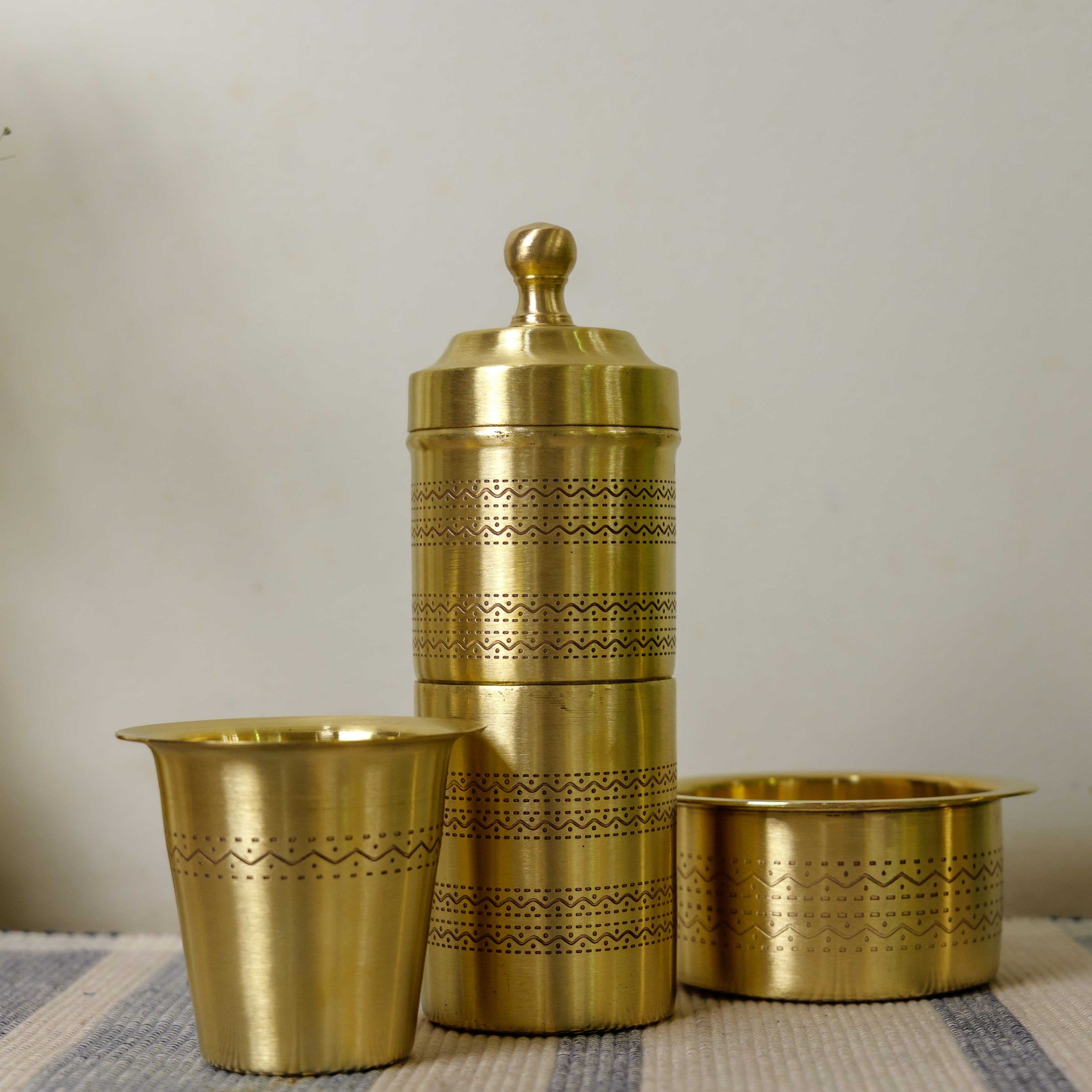 Pure Brass Coffee Filter & 2 Dabara Cup Set — Finely Etched | Gift Box