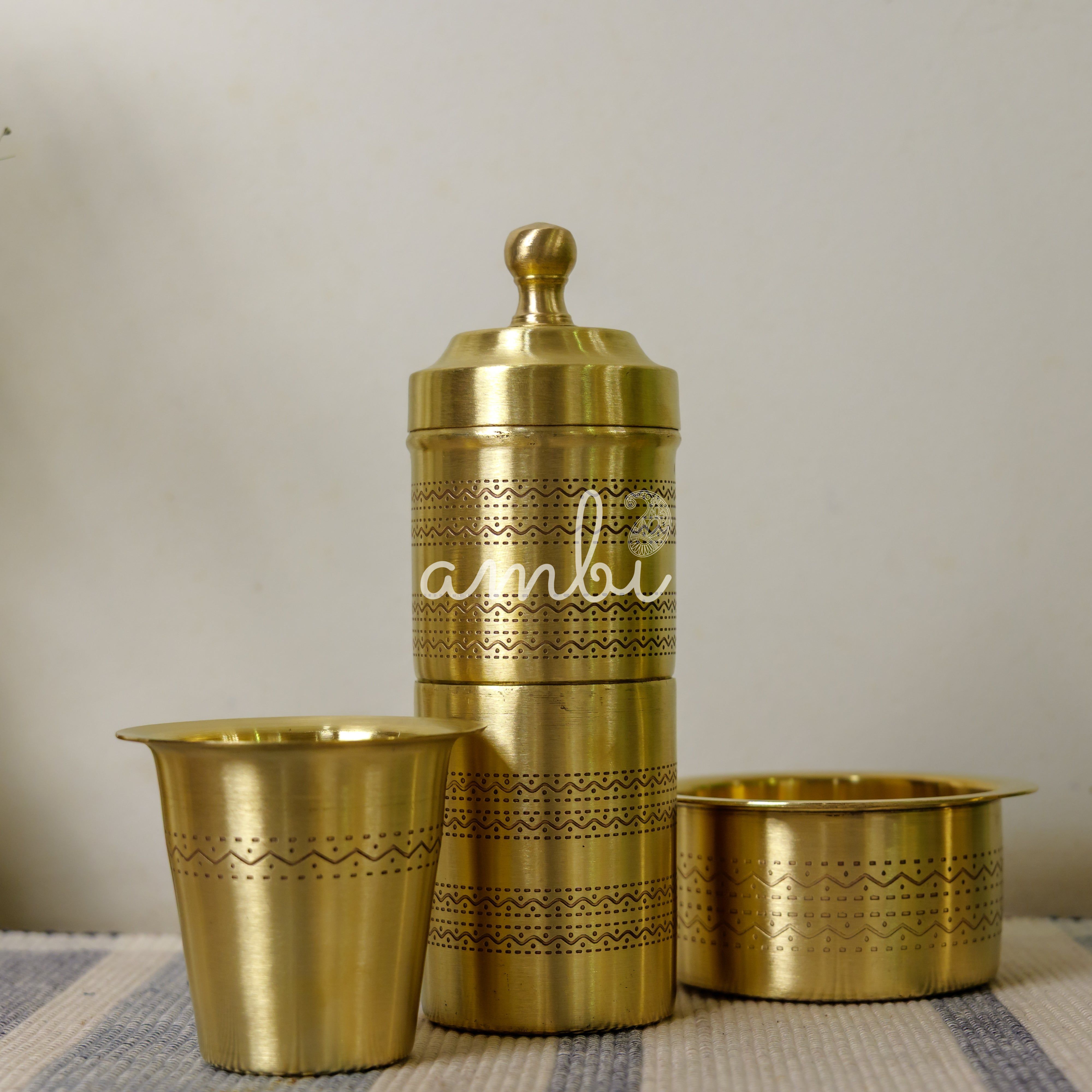 Pure Brass Coffee Filter and 2 Dabara Cup Set - Finely Etched in a Gift Box