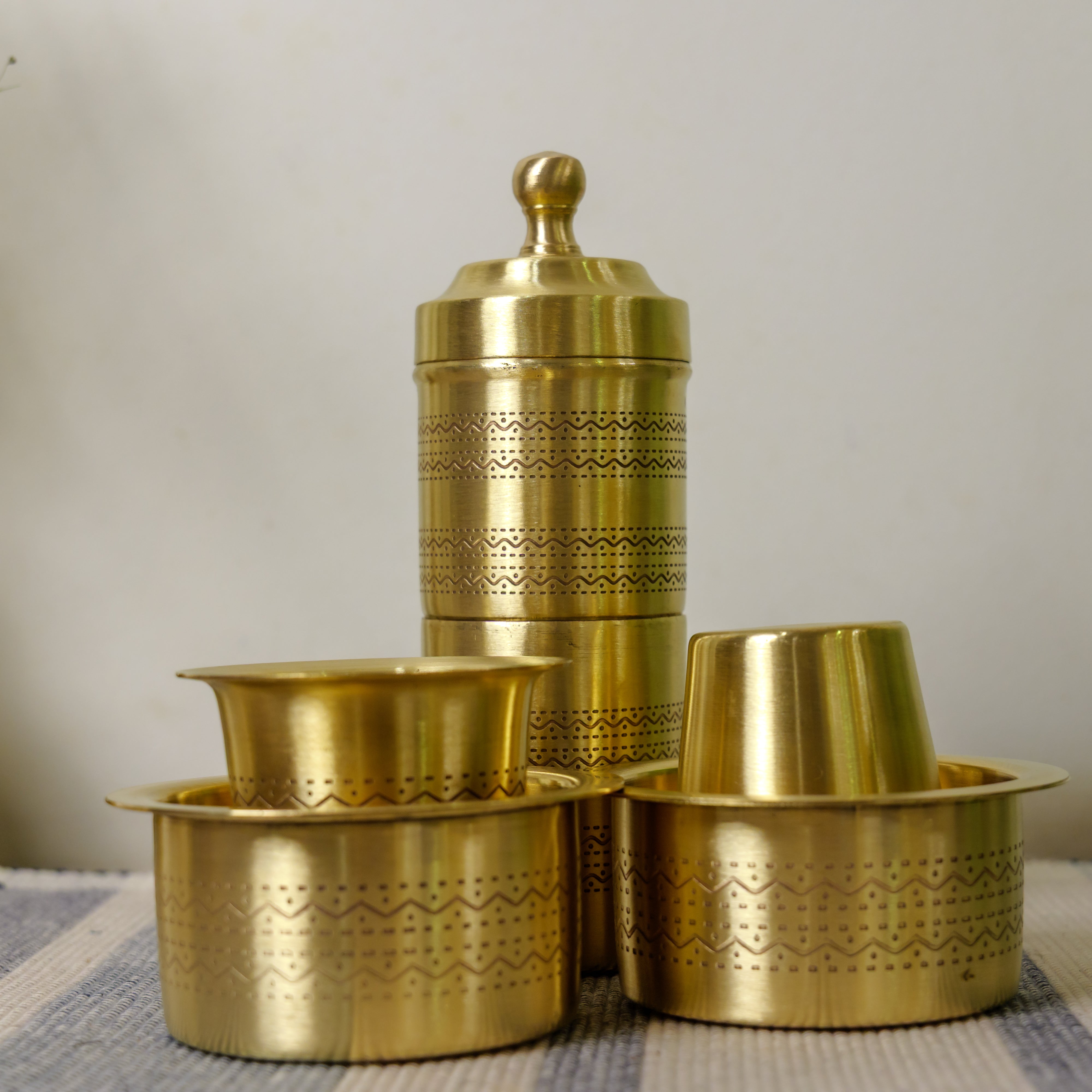 Pure Brass Coffee Filter & 2 Dabara Cup Set — Finely Etched | Gift Box