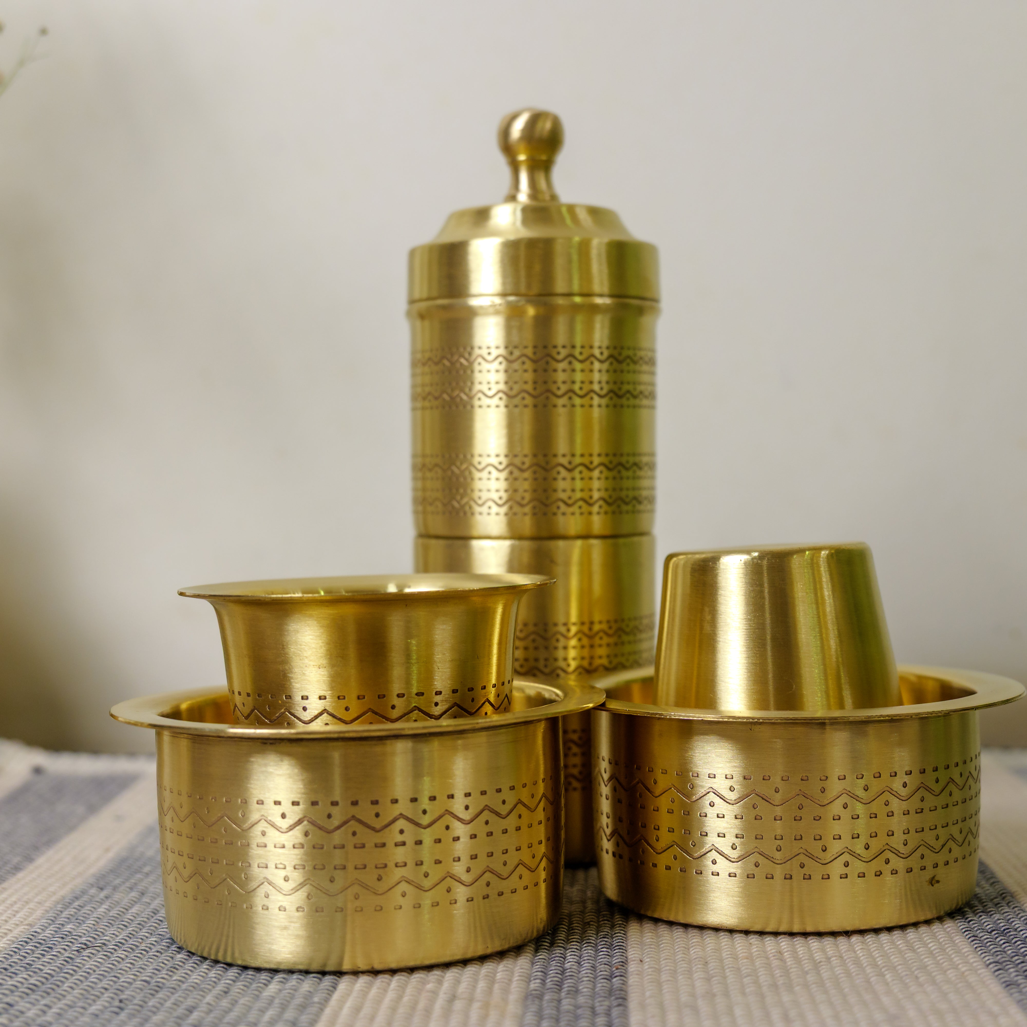 Pure Brass Coffee Filter & 2 Dabara Cup Set — Finely Etched | Gift Box