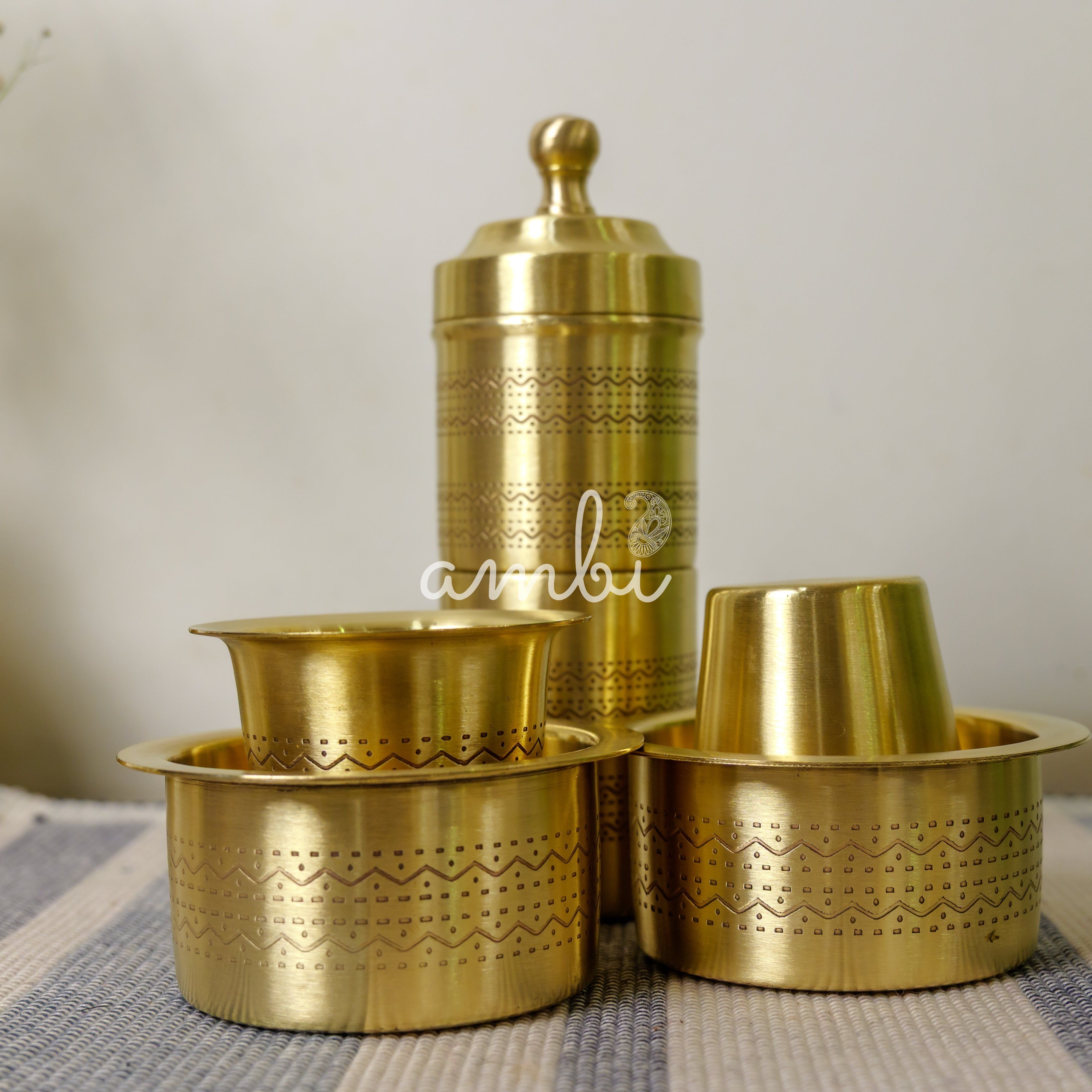Pure Brass Coffee Filter and 2 Dabara Cup Set - Finely Etched in a Gift Box