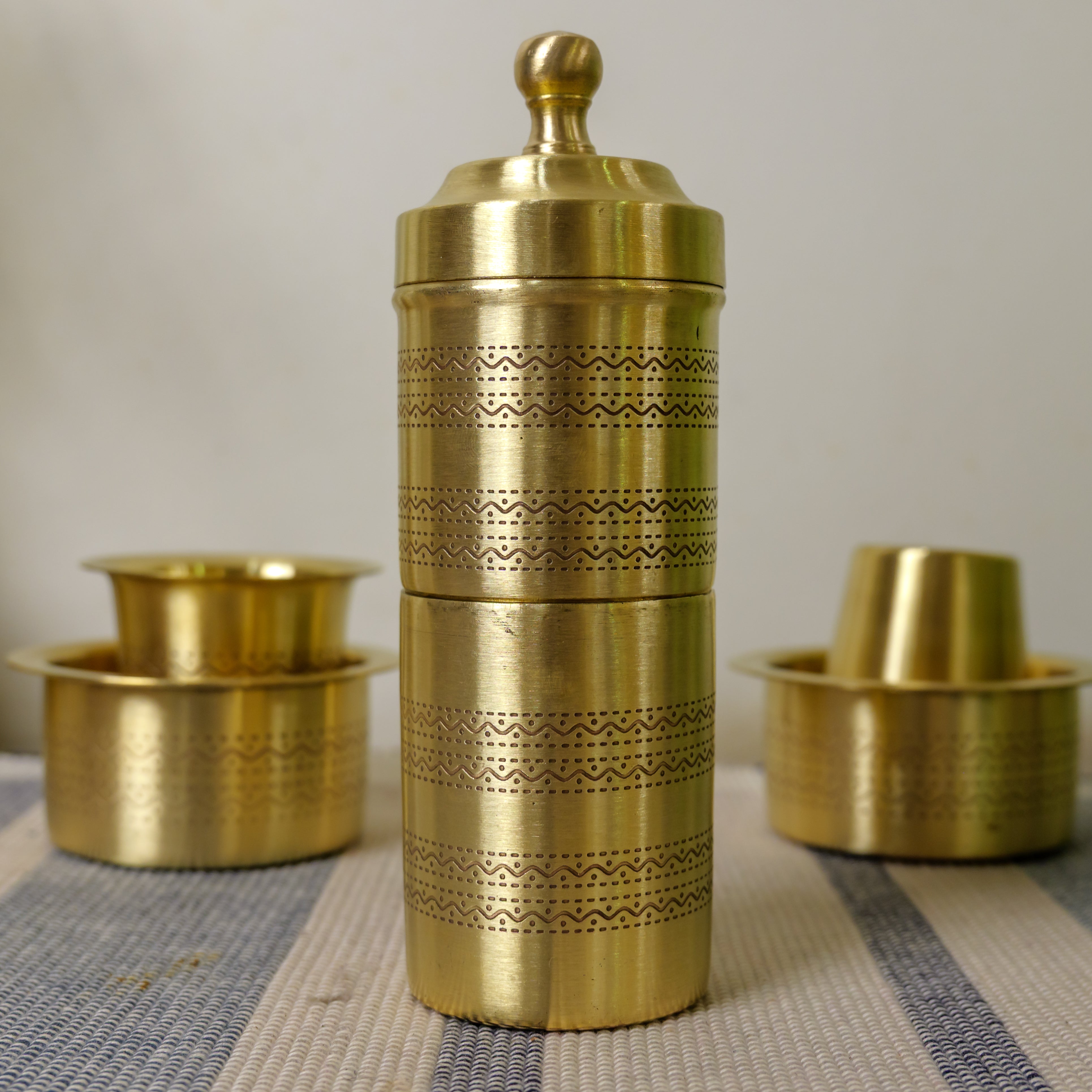 Pure Brass Coffee Filter & 2 Dabara Cup Set — Finely Etched | Gift Box