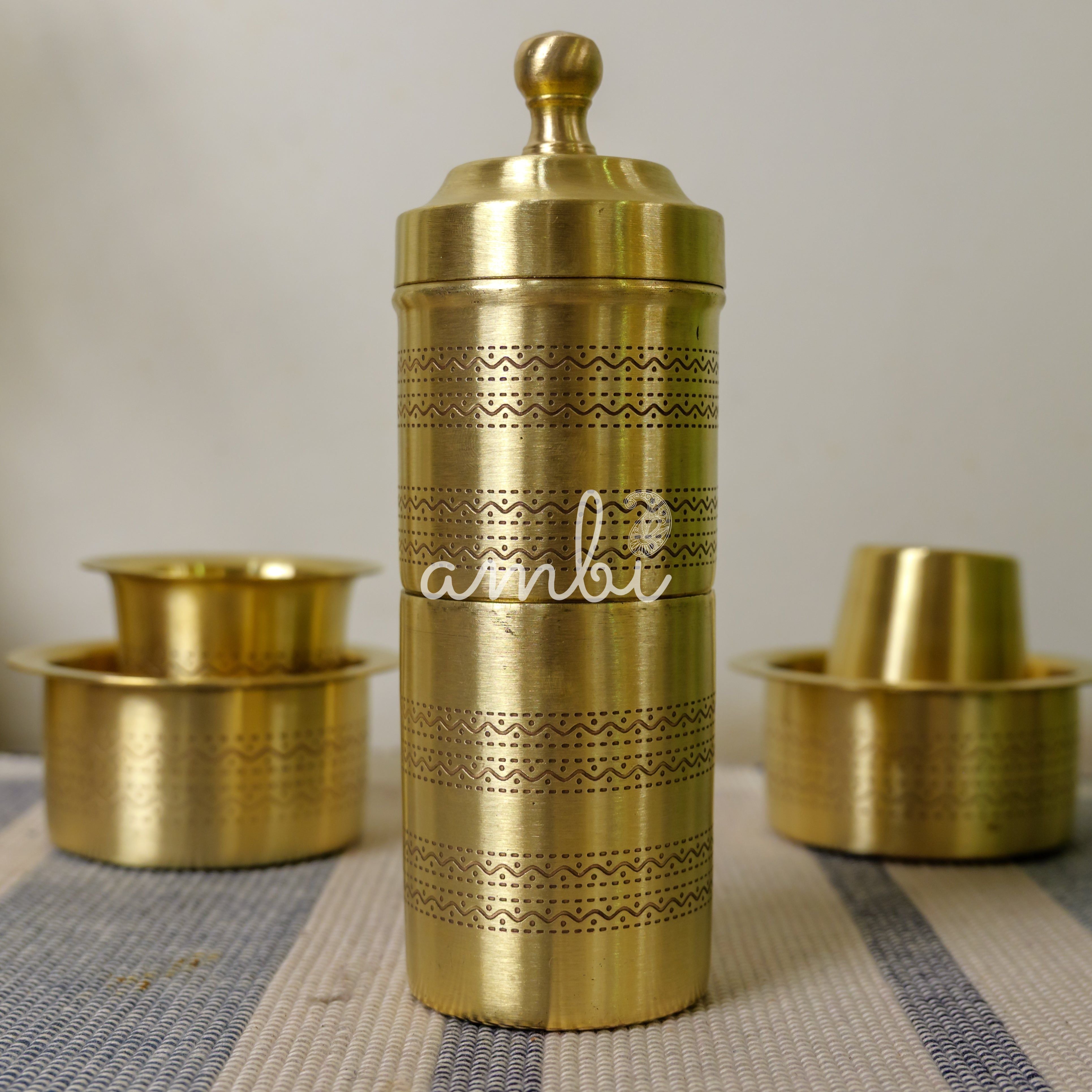Pure Brass Coffee Filter and 2 Dabara Cup Set - Finely Etched in a Gift Box