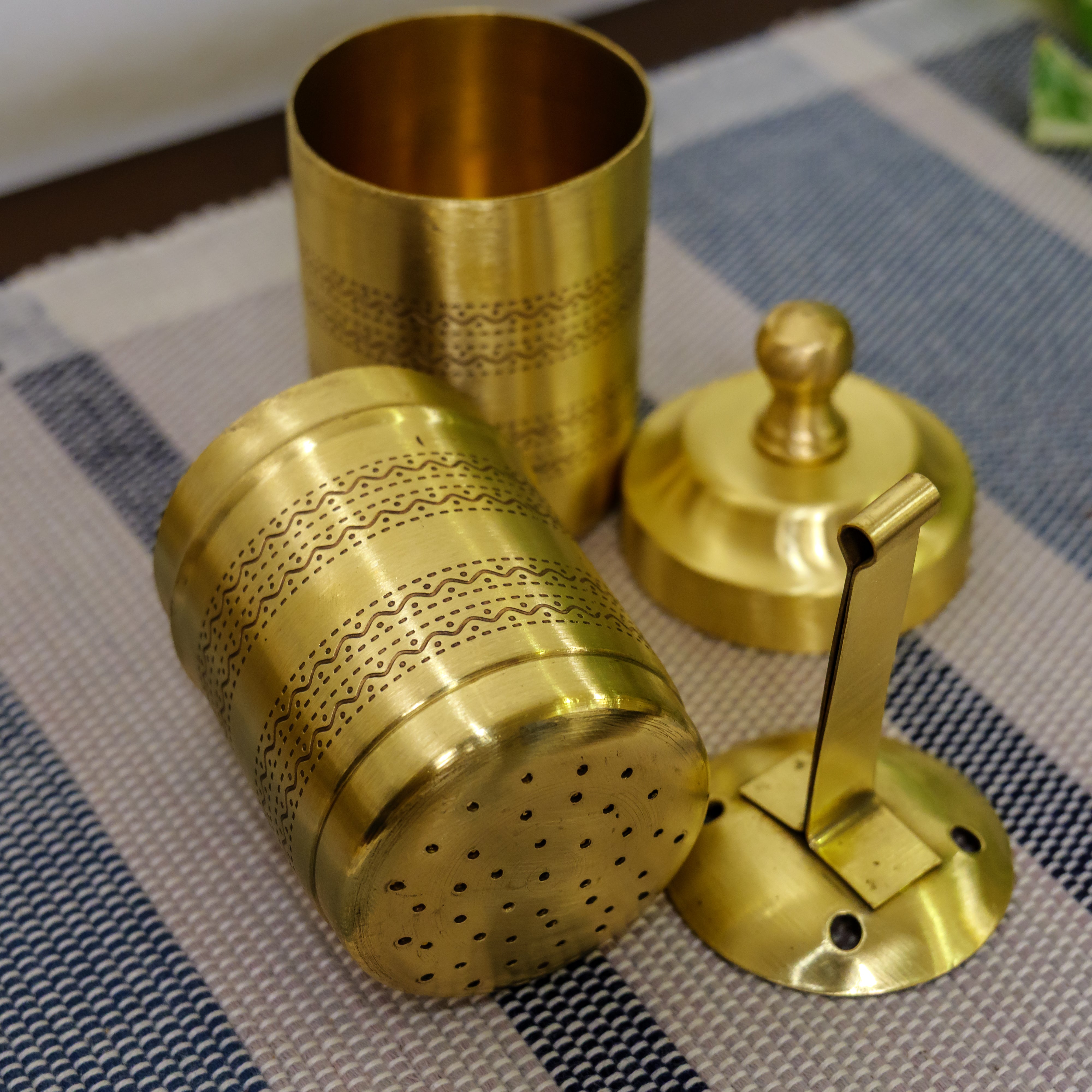 Pure Brass Coffee Filter & 2 Dabara Cup Set — Finely Etched | Gift Box
