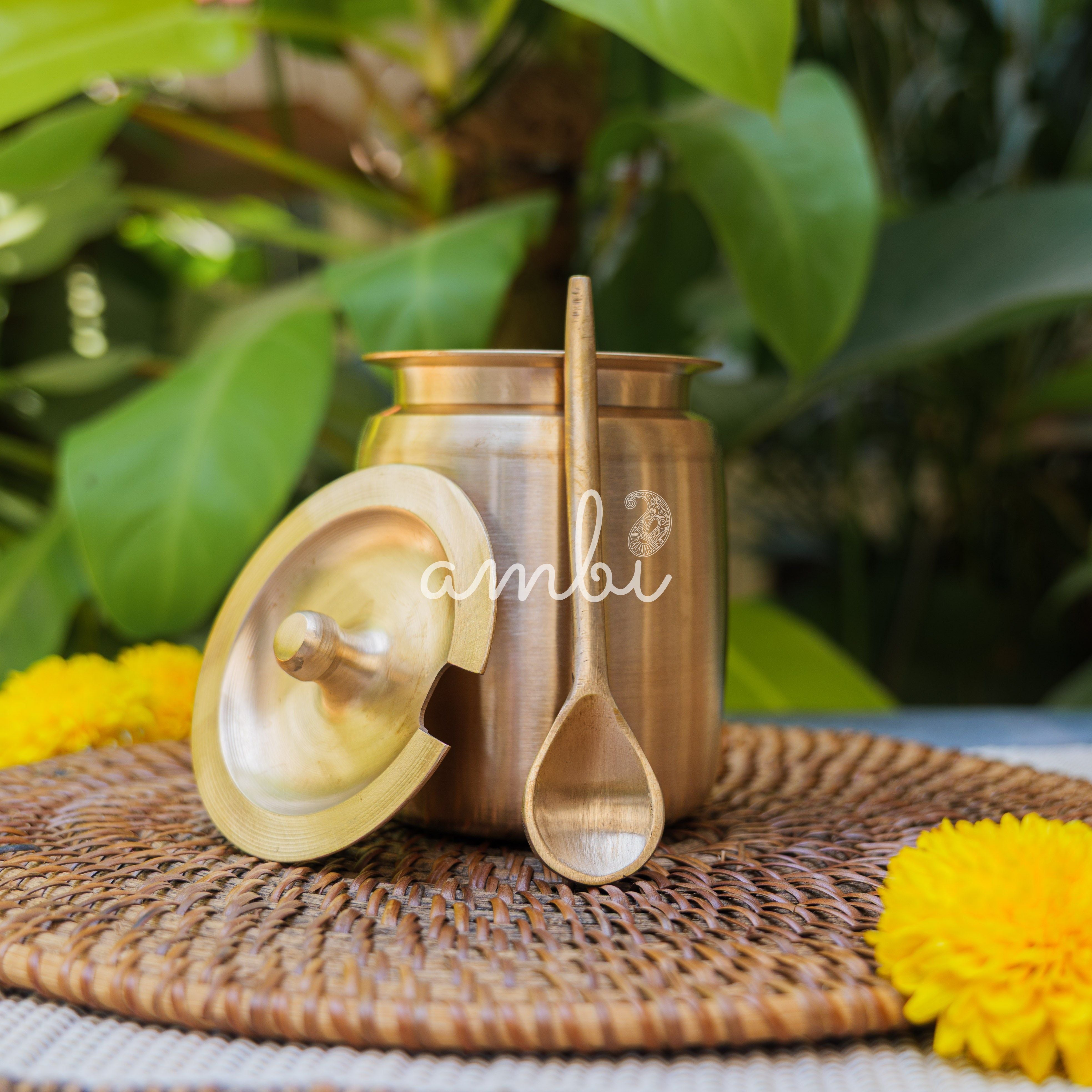 Handmade Artisanal Fine Finish Lead Free Pure 100% Kansa Heavy Ghee / Oil Pot for Health Benefits - Extra Large - 400 ML Pot with Spoon