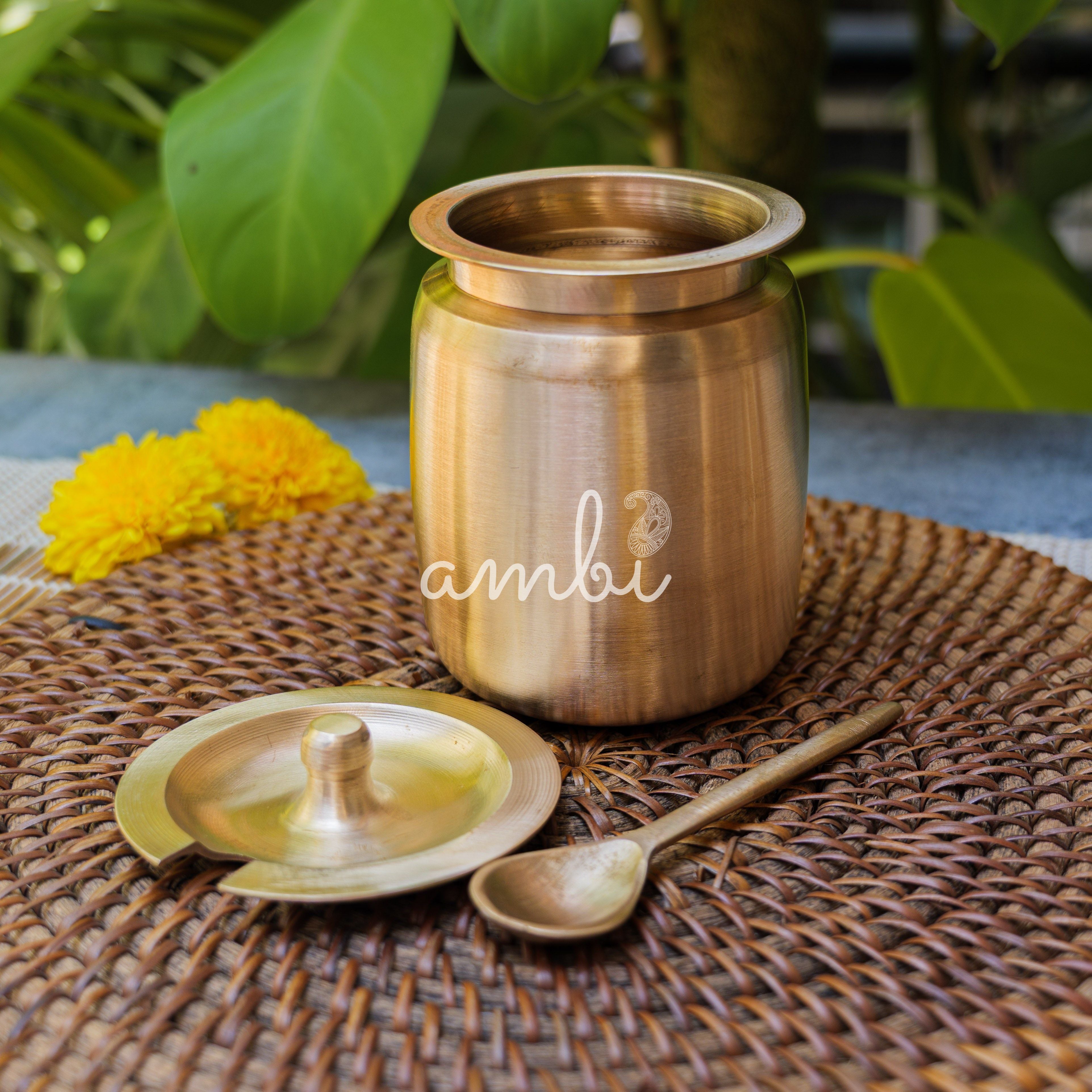 Handmade Artisanal Fine Finish Lead Free Pure 100% Kansa Heavy Ghee / Oil Pot for Health Benefits - Extra Large - 400 ML Pot with Spoon