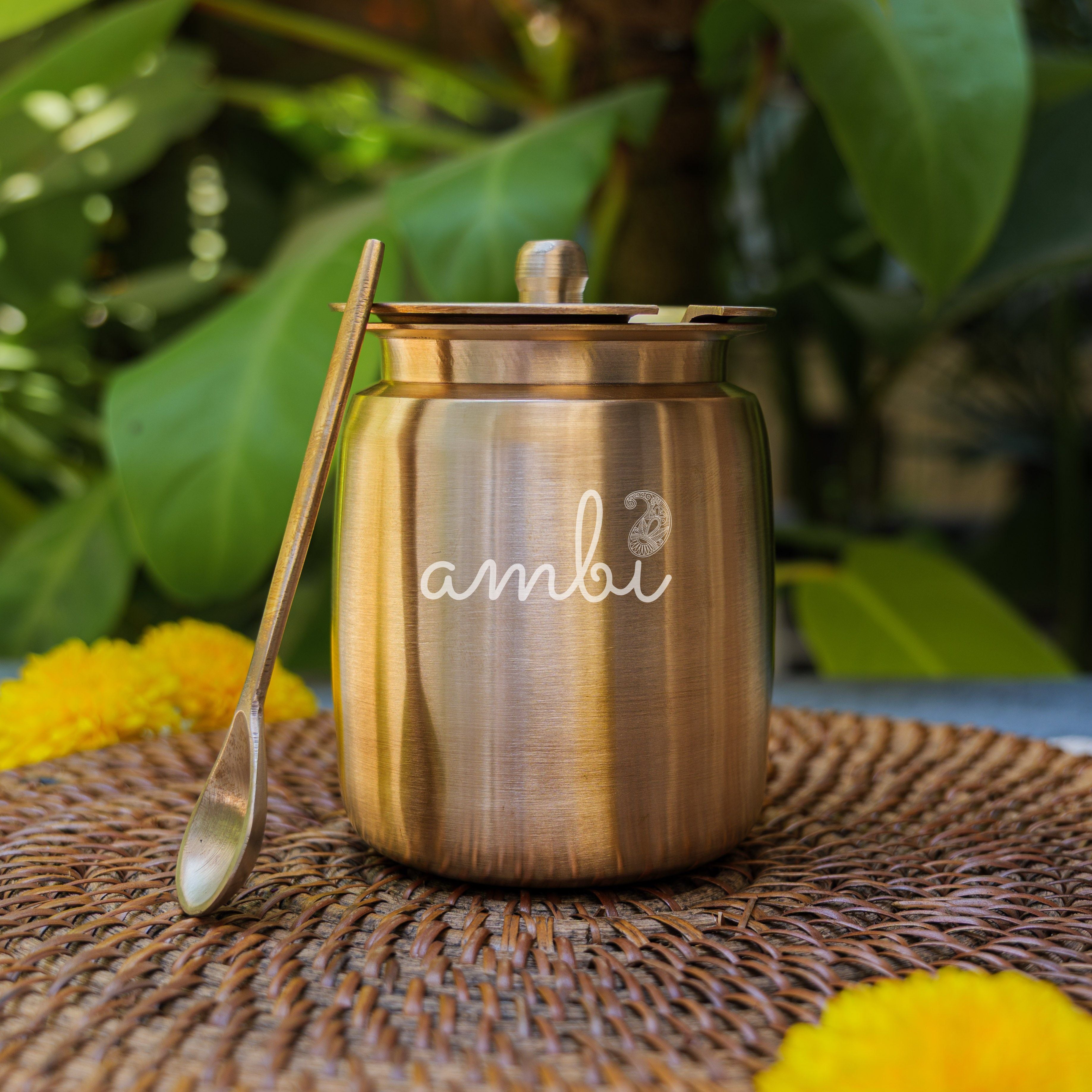 Handmade Artisanal Fine Finish Lead Free Pure 100% Kansa Heavy Ghee / Oil Pot for Health Benefits - Extra Large - 400 ML Pot with Spoon