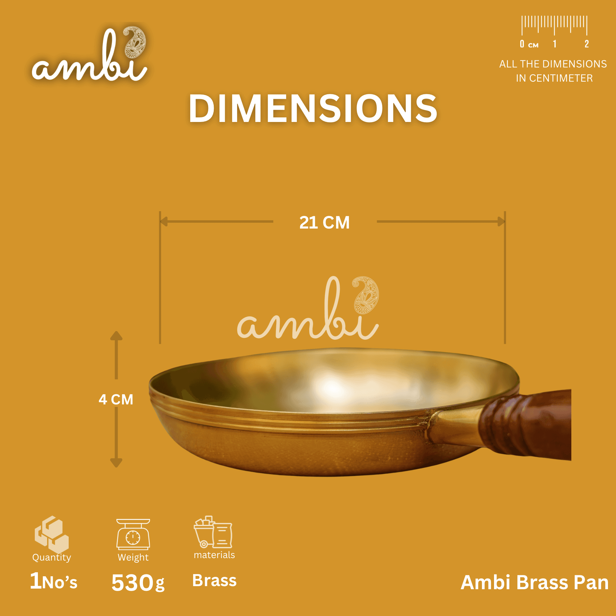 Ambi Exquisite Brass Fry Pan with Wooden handle - 8 Inches Diameter