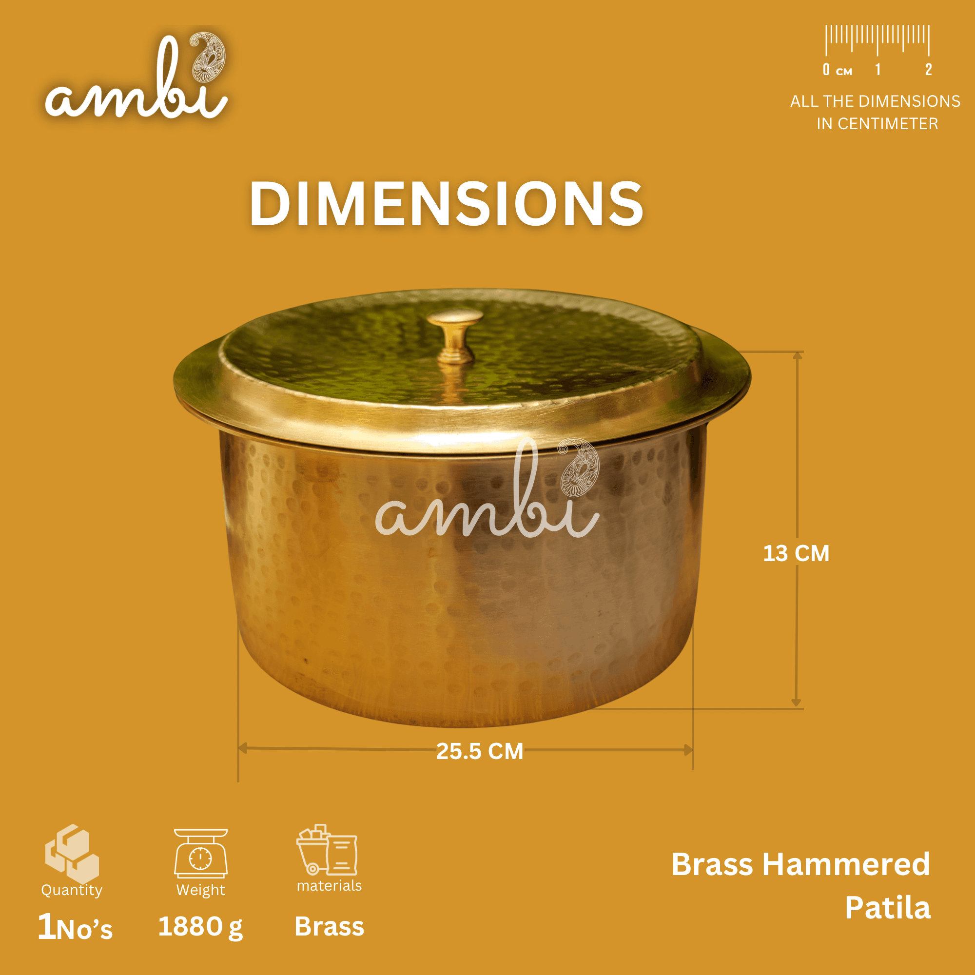 Beautiful Pure Brass Traditional Hammered Patila (with Kalai Tin Coating) and Lid- 5 Lts