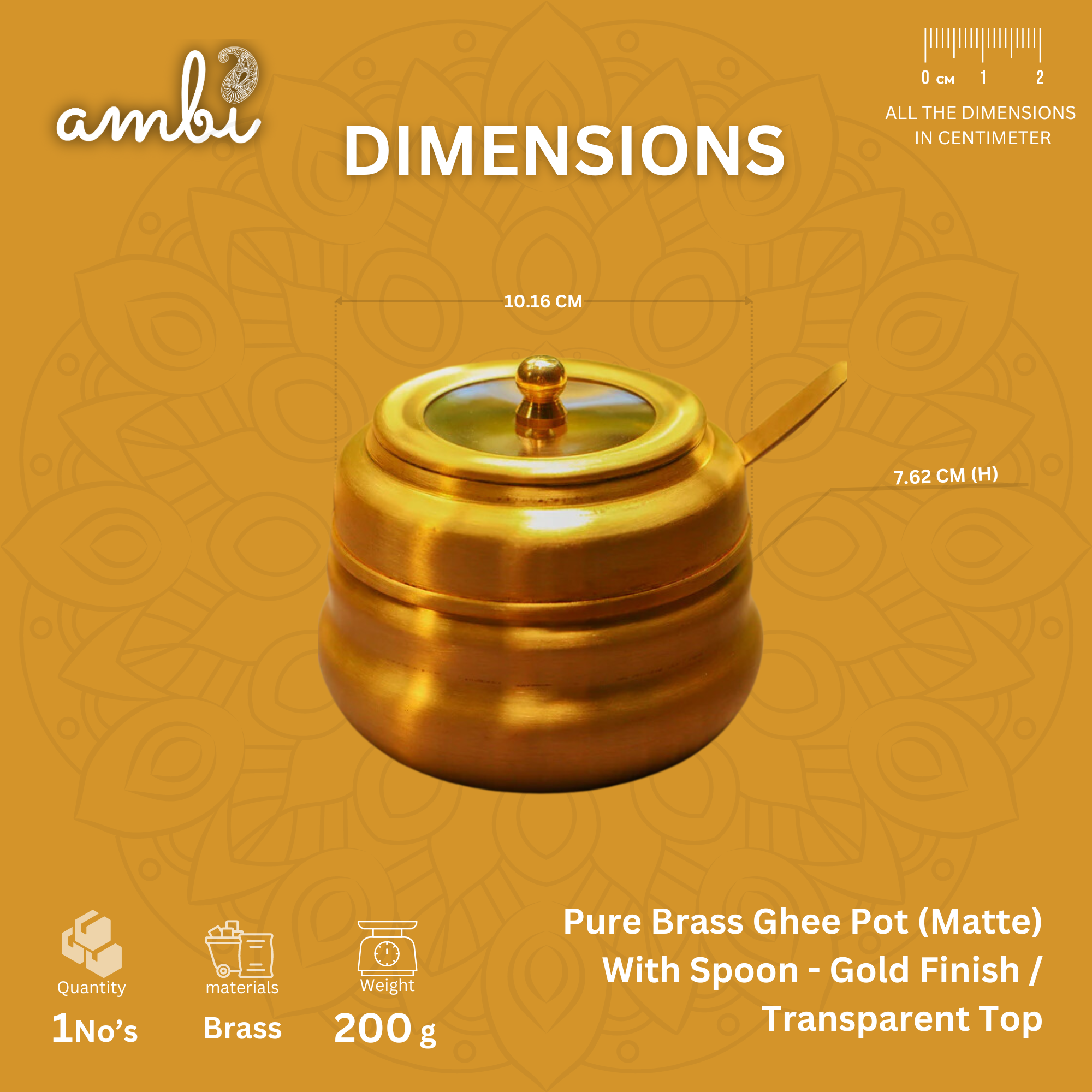 Pure Brass Ghee Pot With Spoon - Gold Finish / Transparent Top