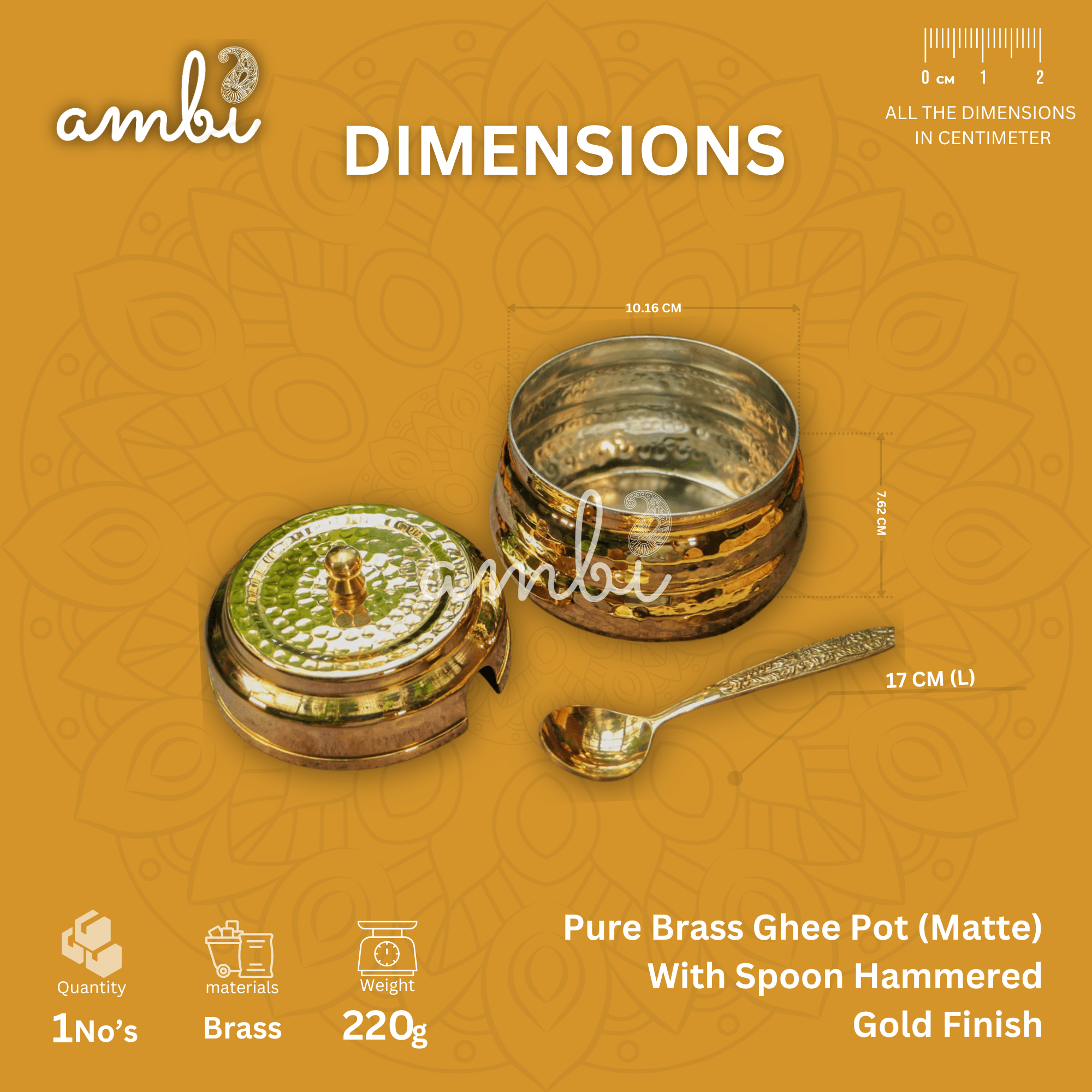 Pure Brass Ghee Pot (Matte) With Spoon - Hammered Gold Finish - Protective Tin Coating Inside - 350 ML