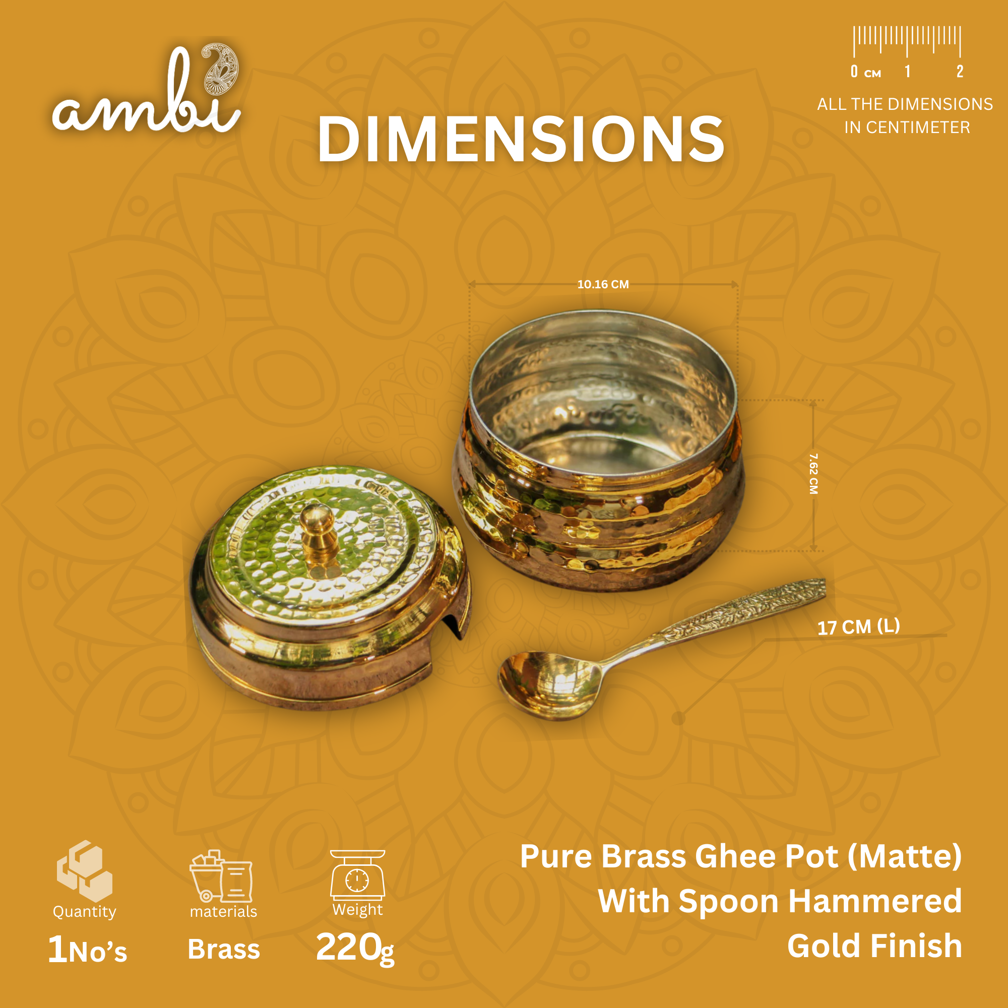 Pure Brass Ghee Pot (Matte) With Spoon - Hammered Gold Finish - Protective Tin Coating Inside - 350 ML