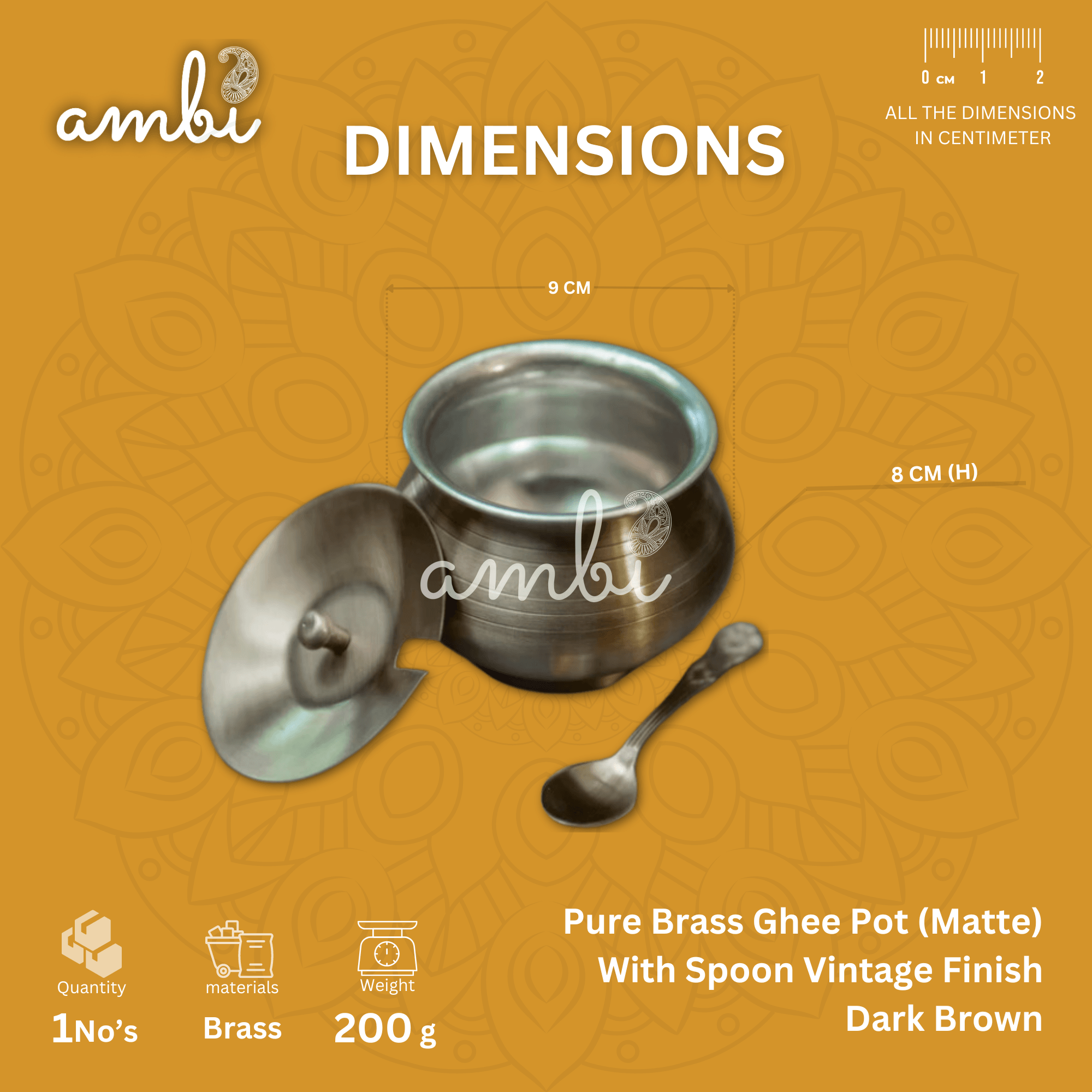 Pure Brass Ghee Pot (Matte) With Spoon - Vintage Finish Dark Brown 350 ml