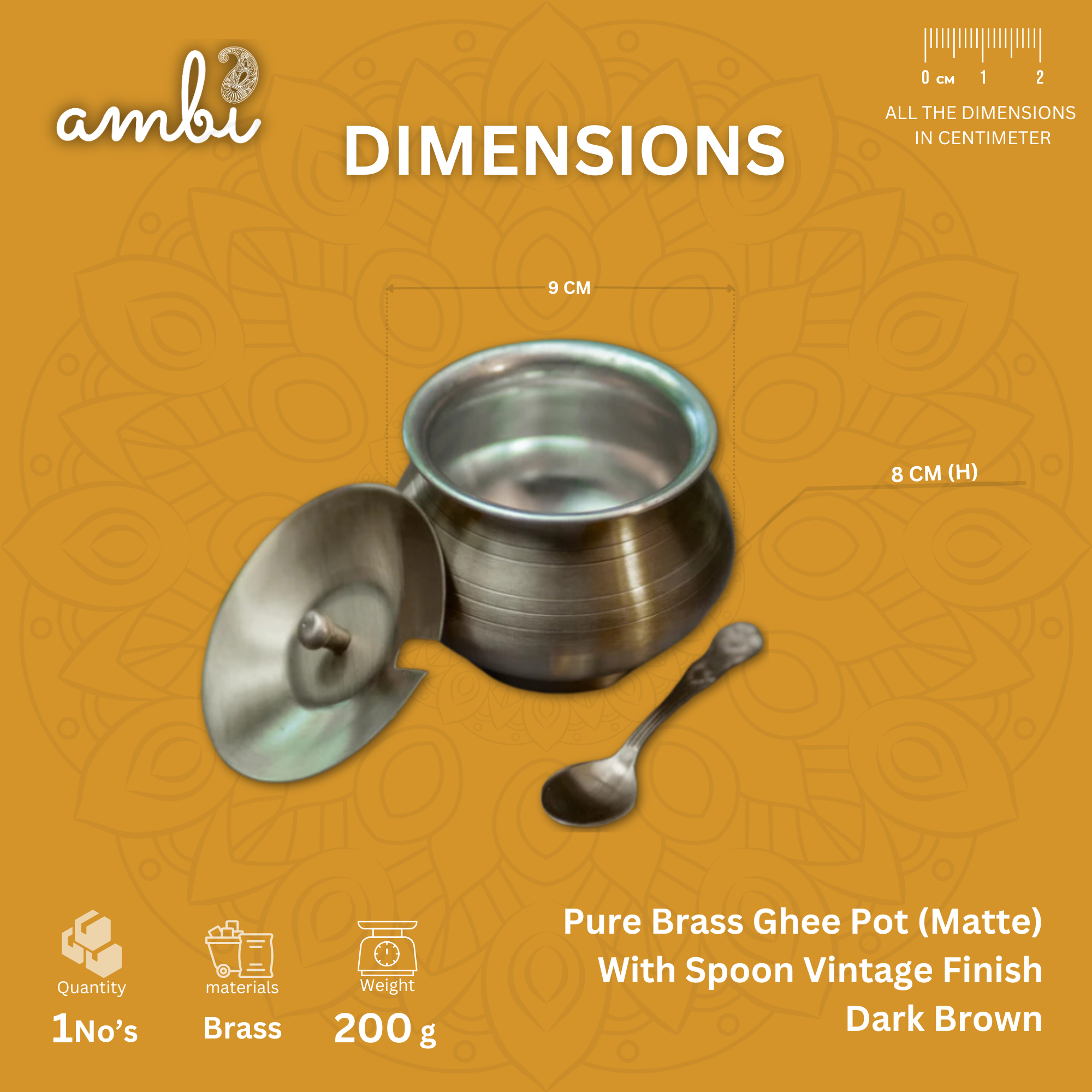 Ambi Pure Brass Ghee Pot (Matte) — Vintage Dark Brown Finish | 350ml with Spoon
